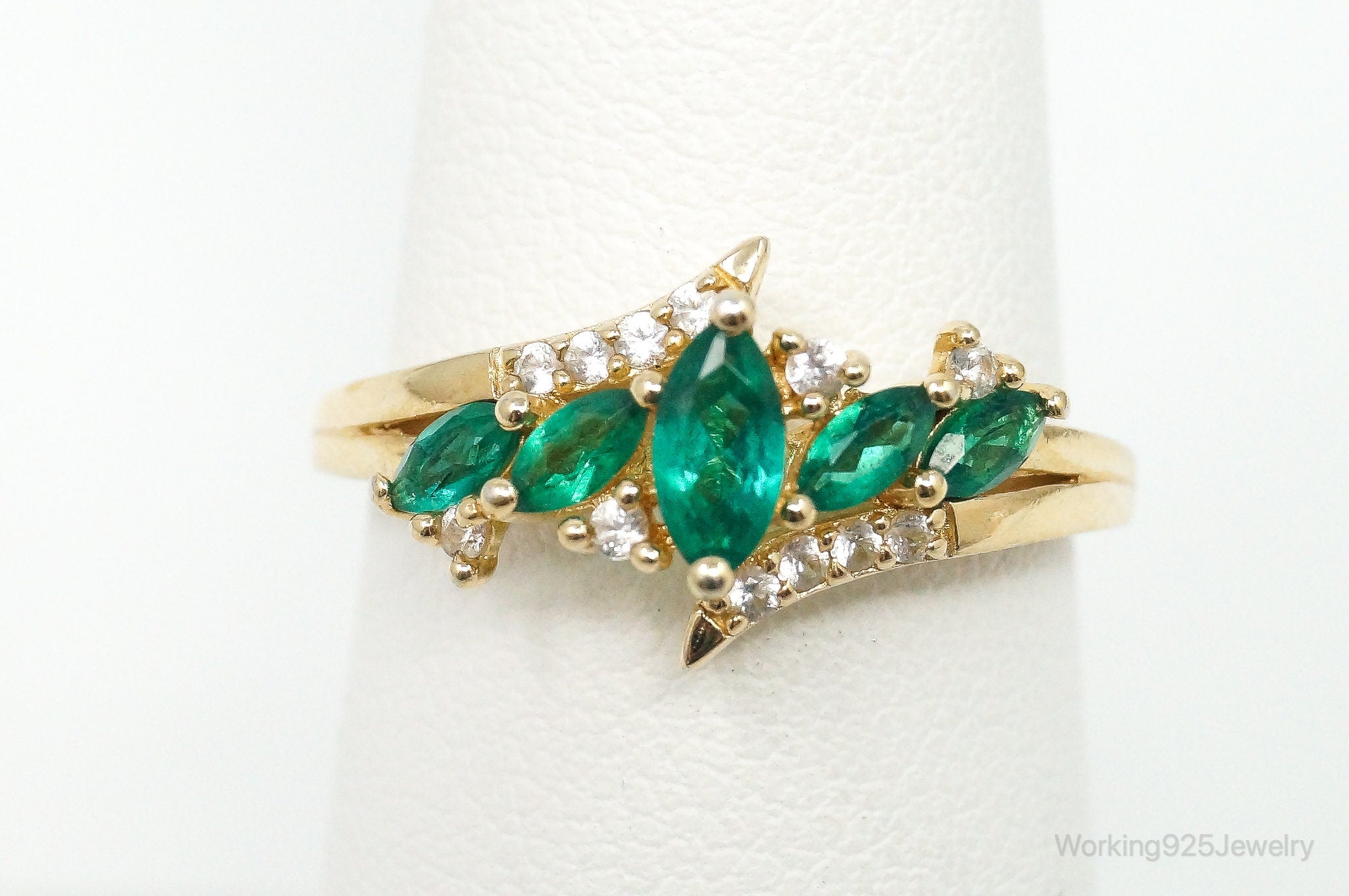 Vintage Lab Emerald Cubic Zirconia Gold Vermeil Sterling Silver Ring Size 7
