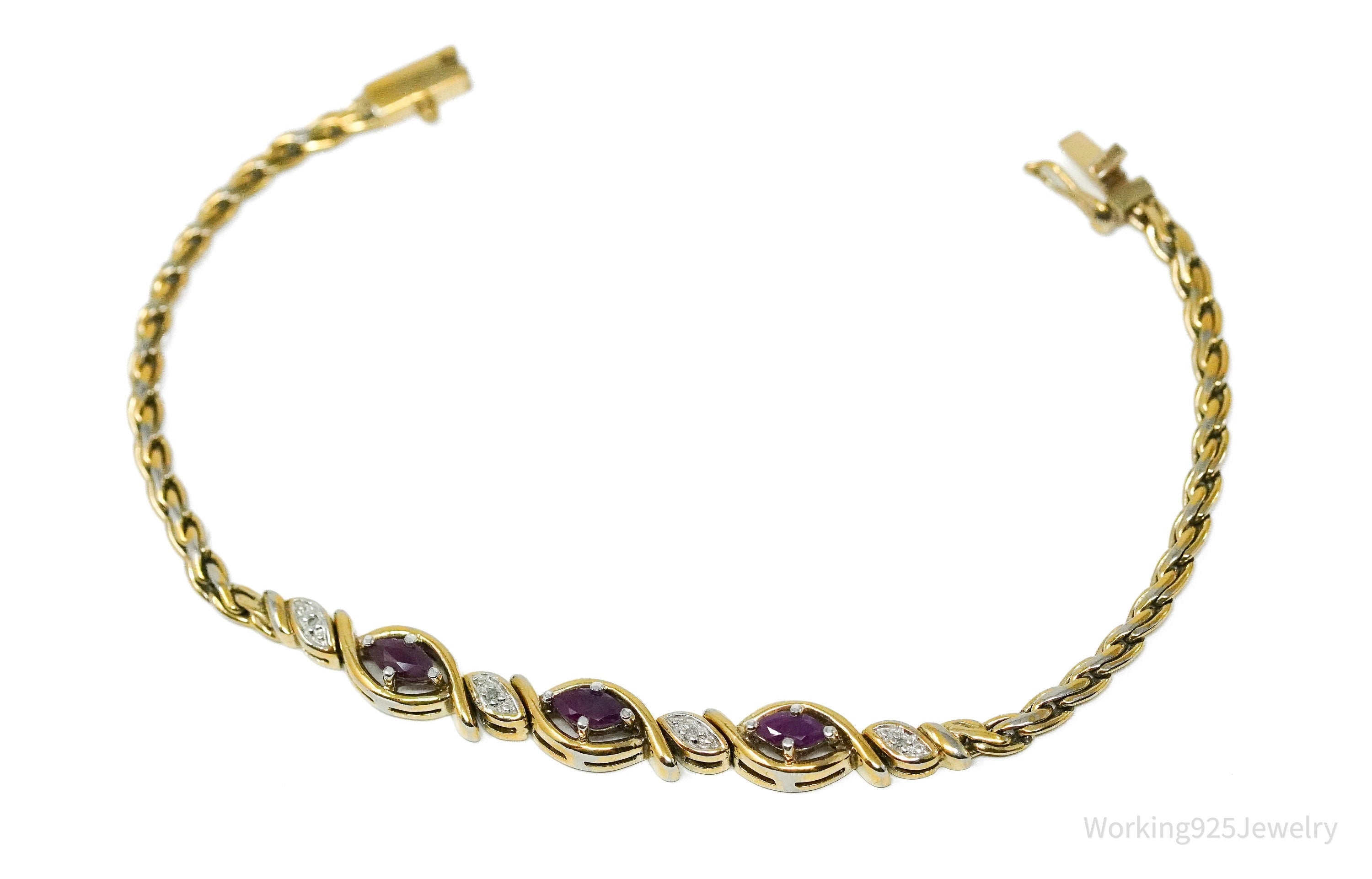 Vintage PAJ Diamond & Ruby Gold Over Sterling Silver Bracelet 7.25"