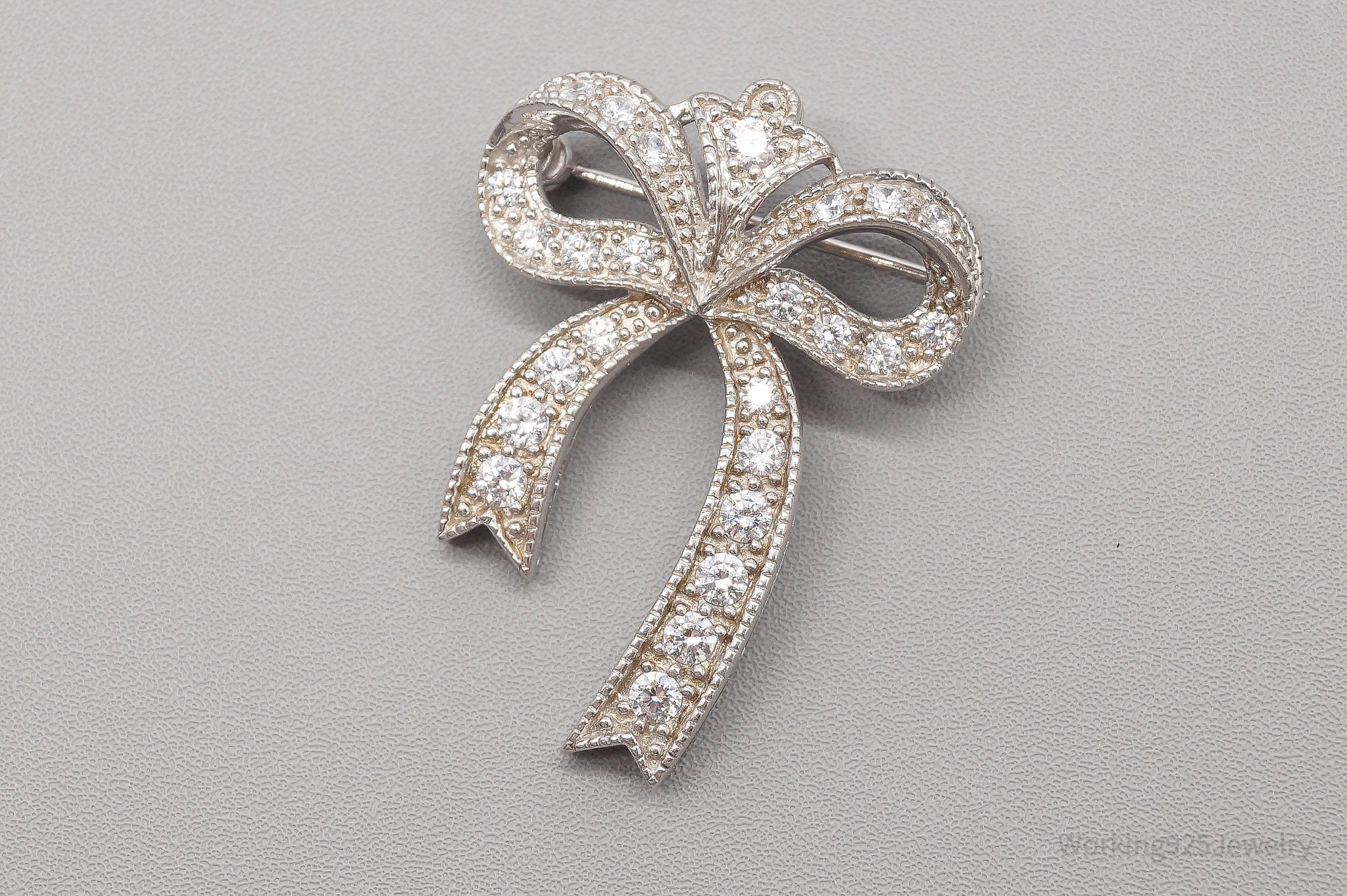 Vintage Diamonique Cubic Zirconia Sterling Silver Ribbon Bow Brooch Pin
