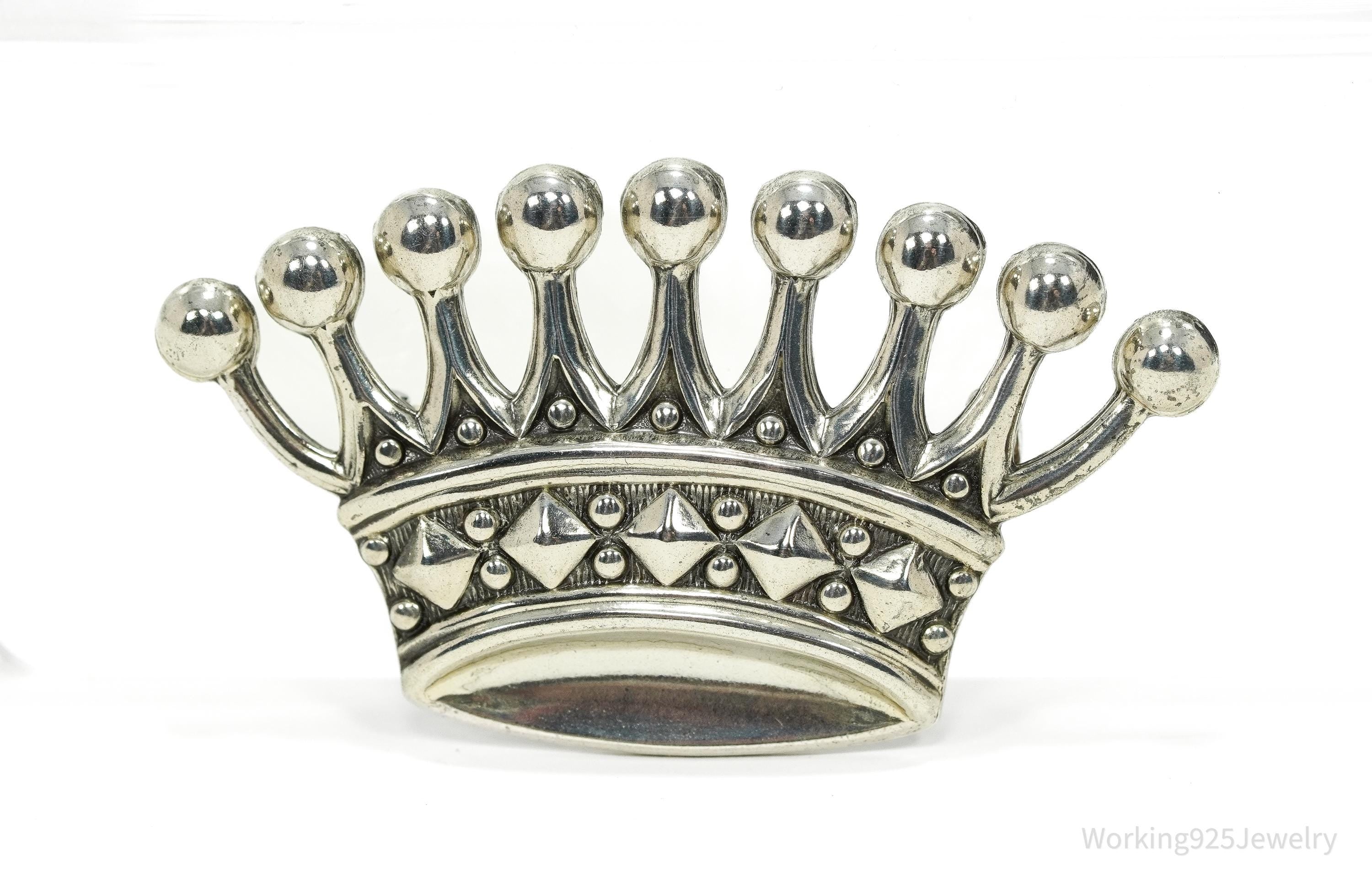 Large Antique Crown Sterling Silver Brooch Pin