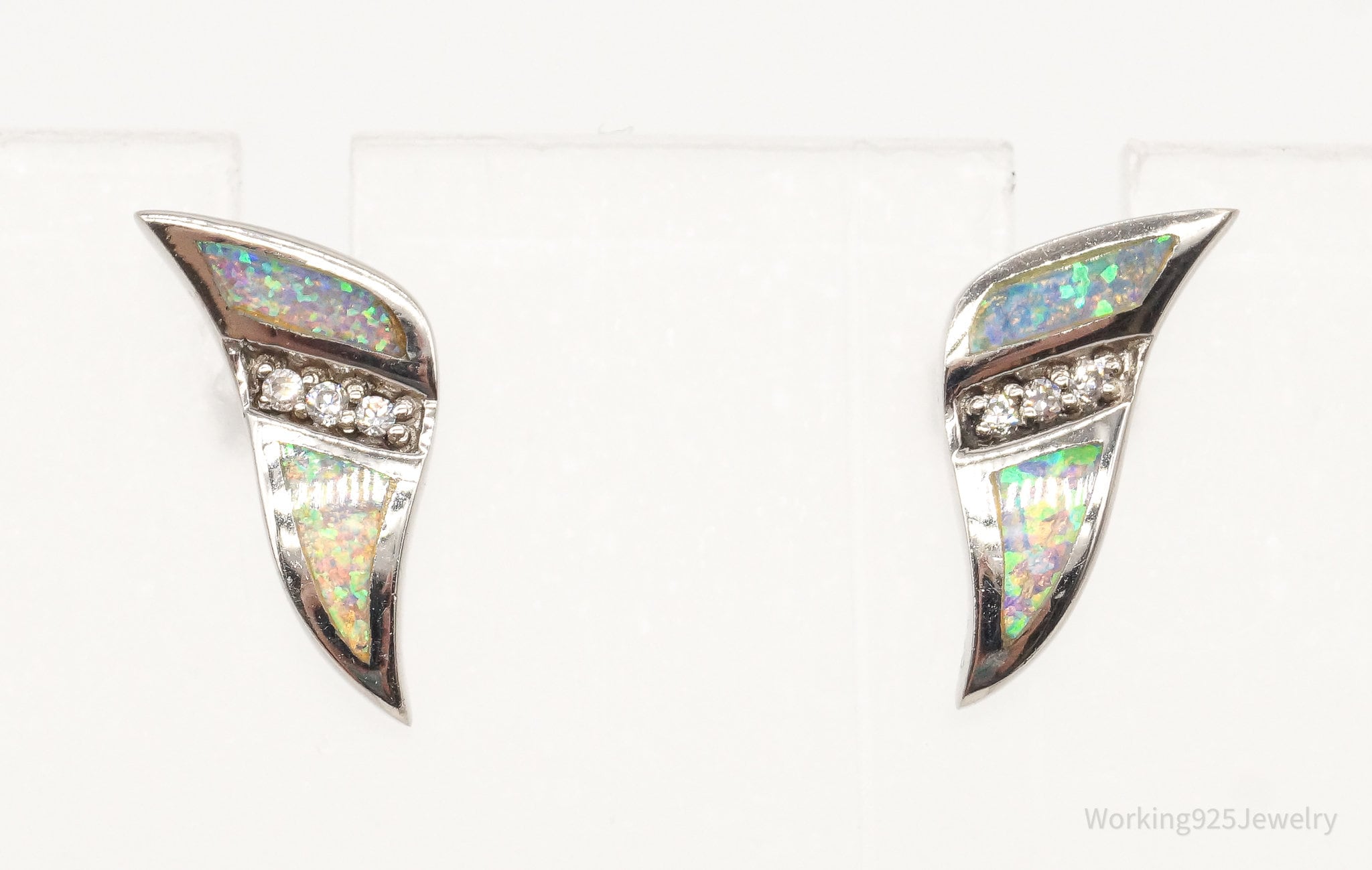 Vintage Opal Cubic Zirconia Art Deco Sterling Silver Earrings