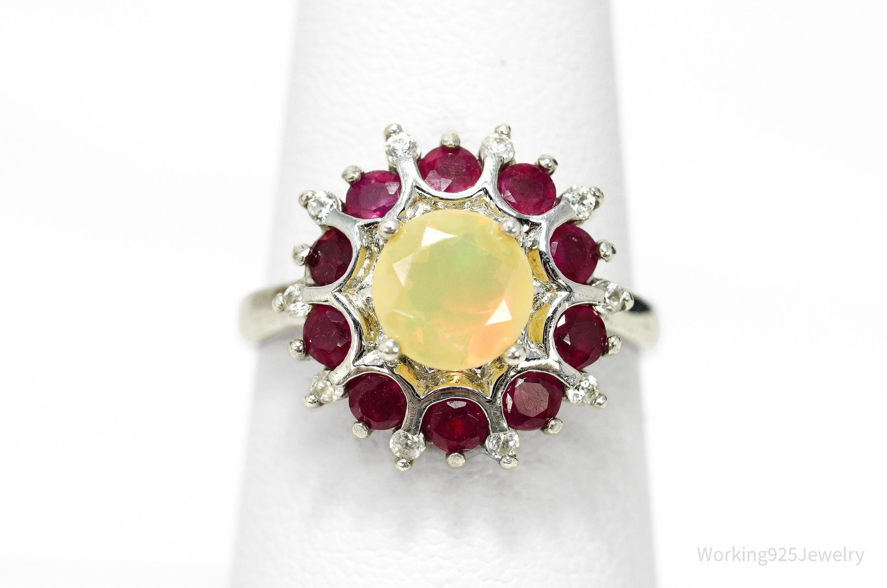 Vintage Ethiopian Opal & Ruby Sterling Silver Ring - Size 7
