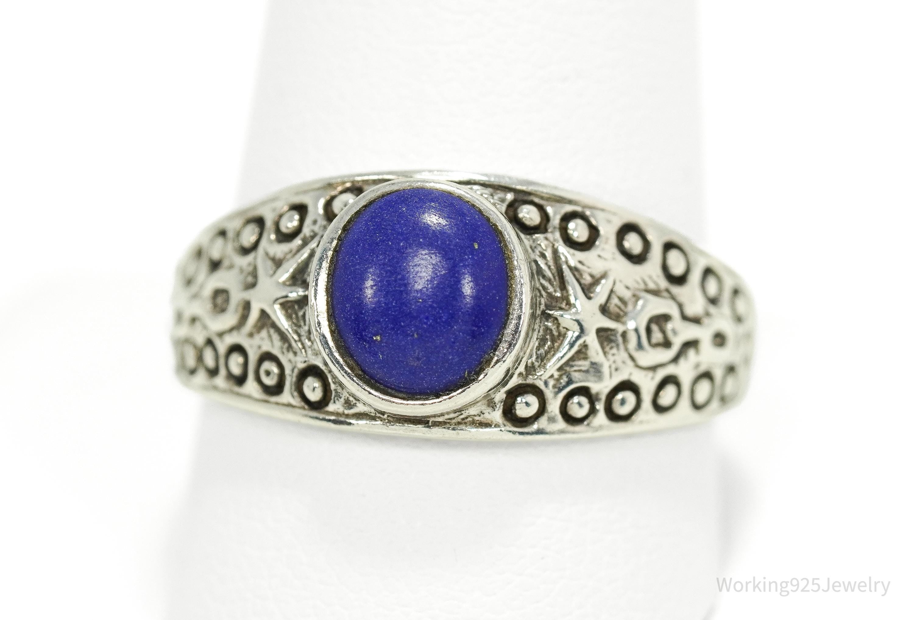 Vintage Lapis Lazuli Viking Style Sterling Silver Ring - Size 11.25