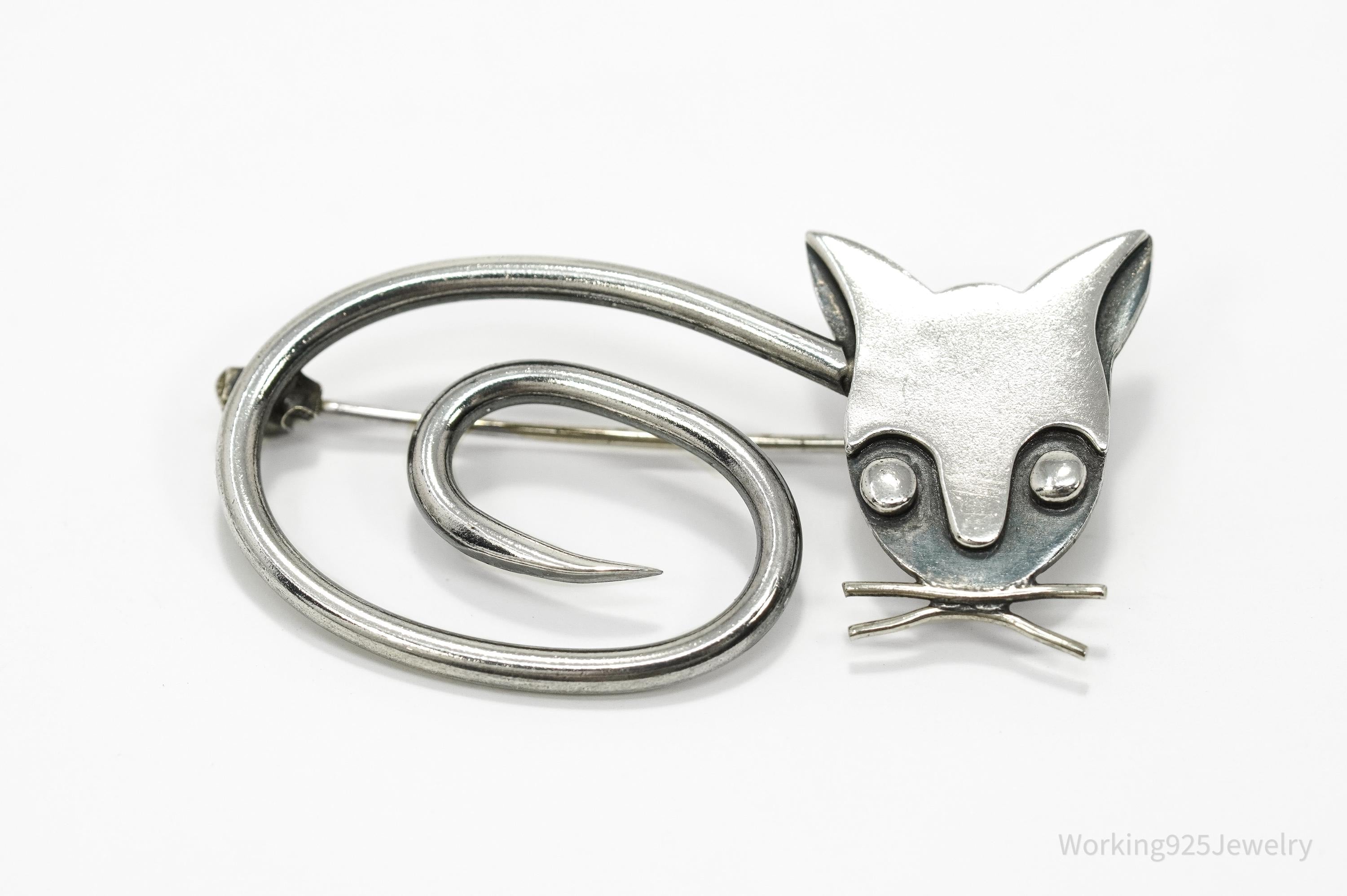 Vintage Taxco Designer DELFINO Abstract Cat Sterling Silver Brooch Pin 1.75"