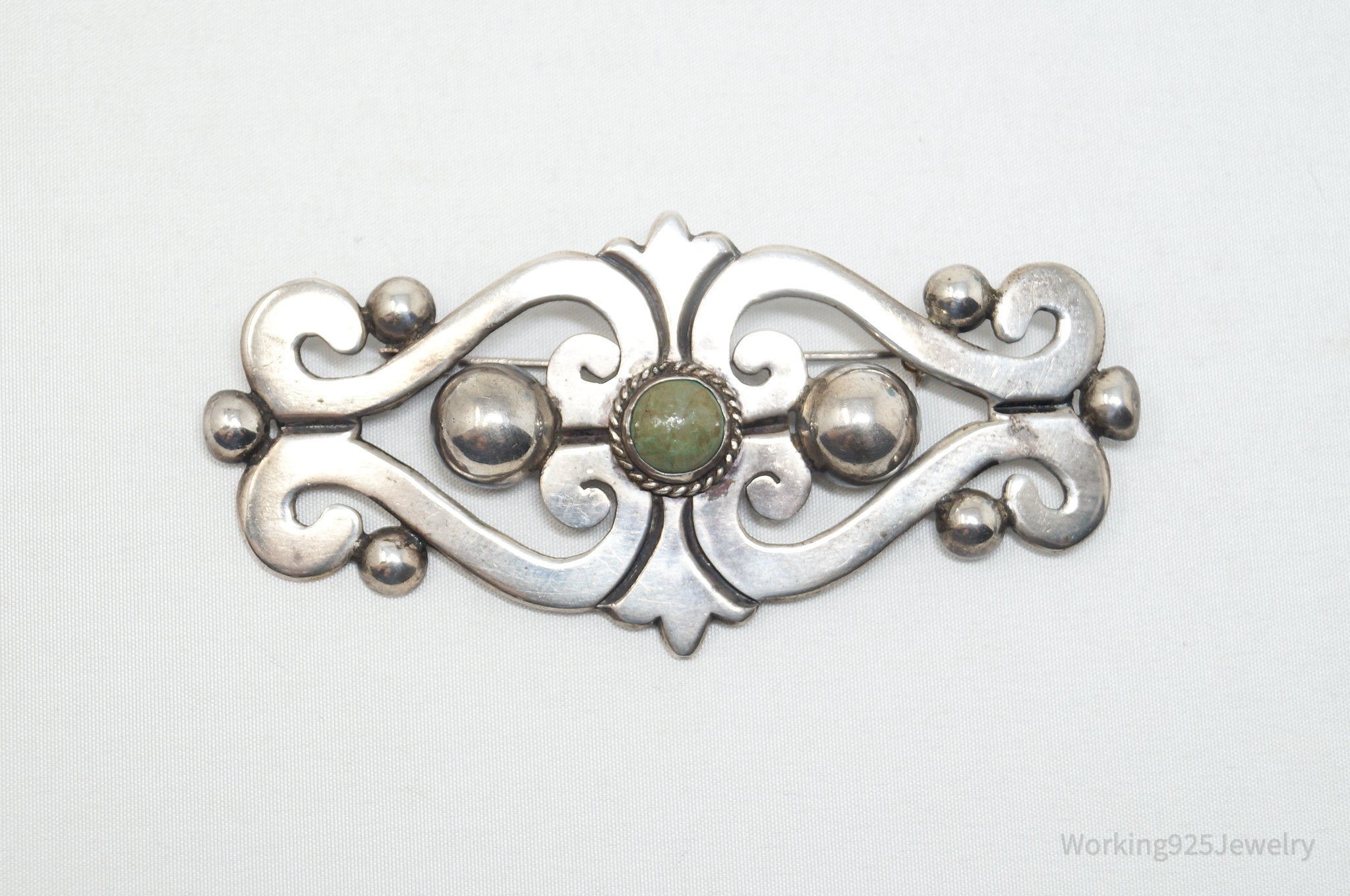 Large Vintage Taxco Mexico Turquoise Modernist 980 Silver Brooch Pin