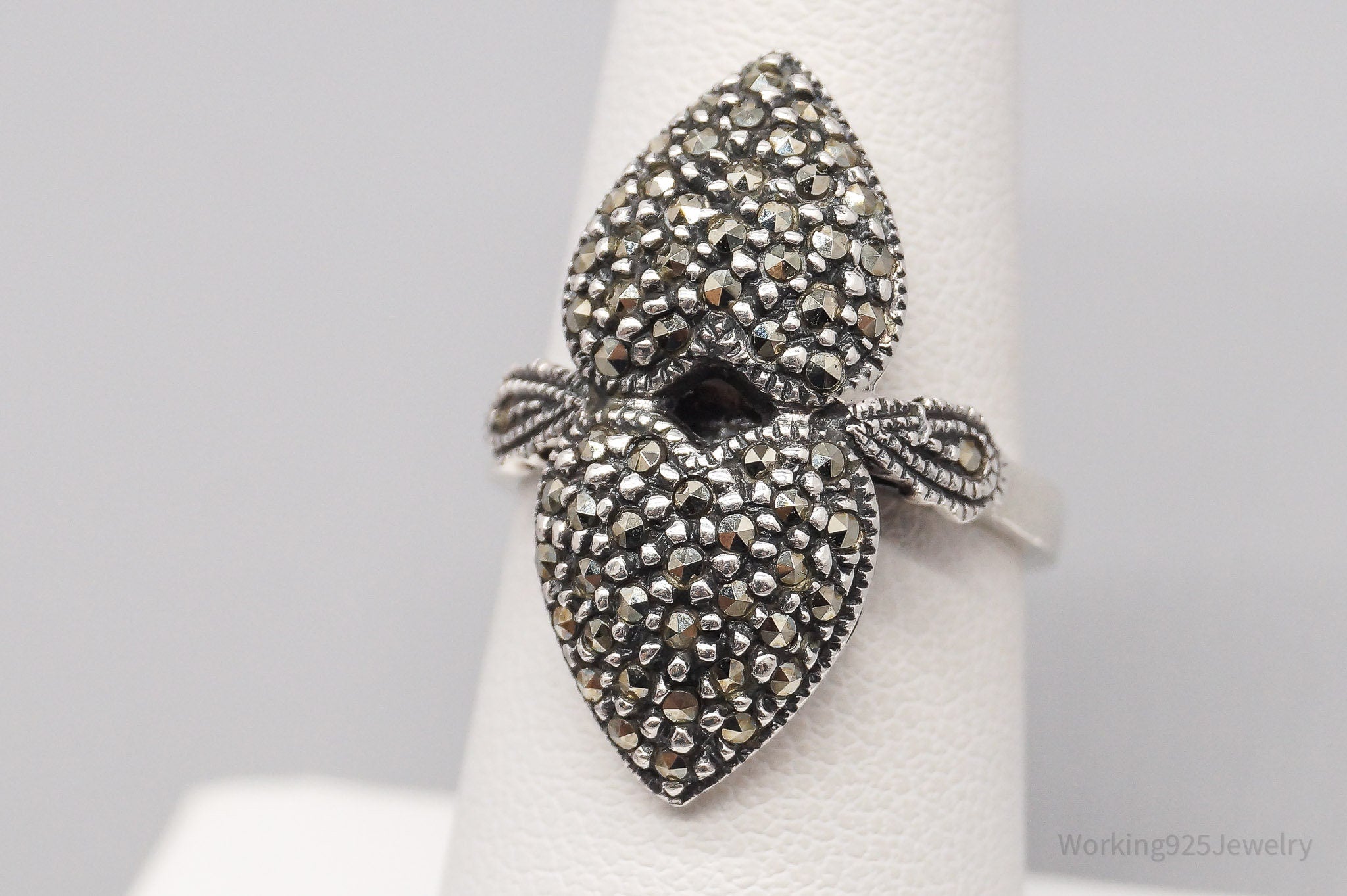 Vintage Designer Judith Jack Marcasite Hearts Sterling Silver Ring - Size 6.75
