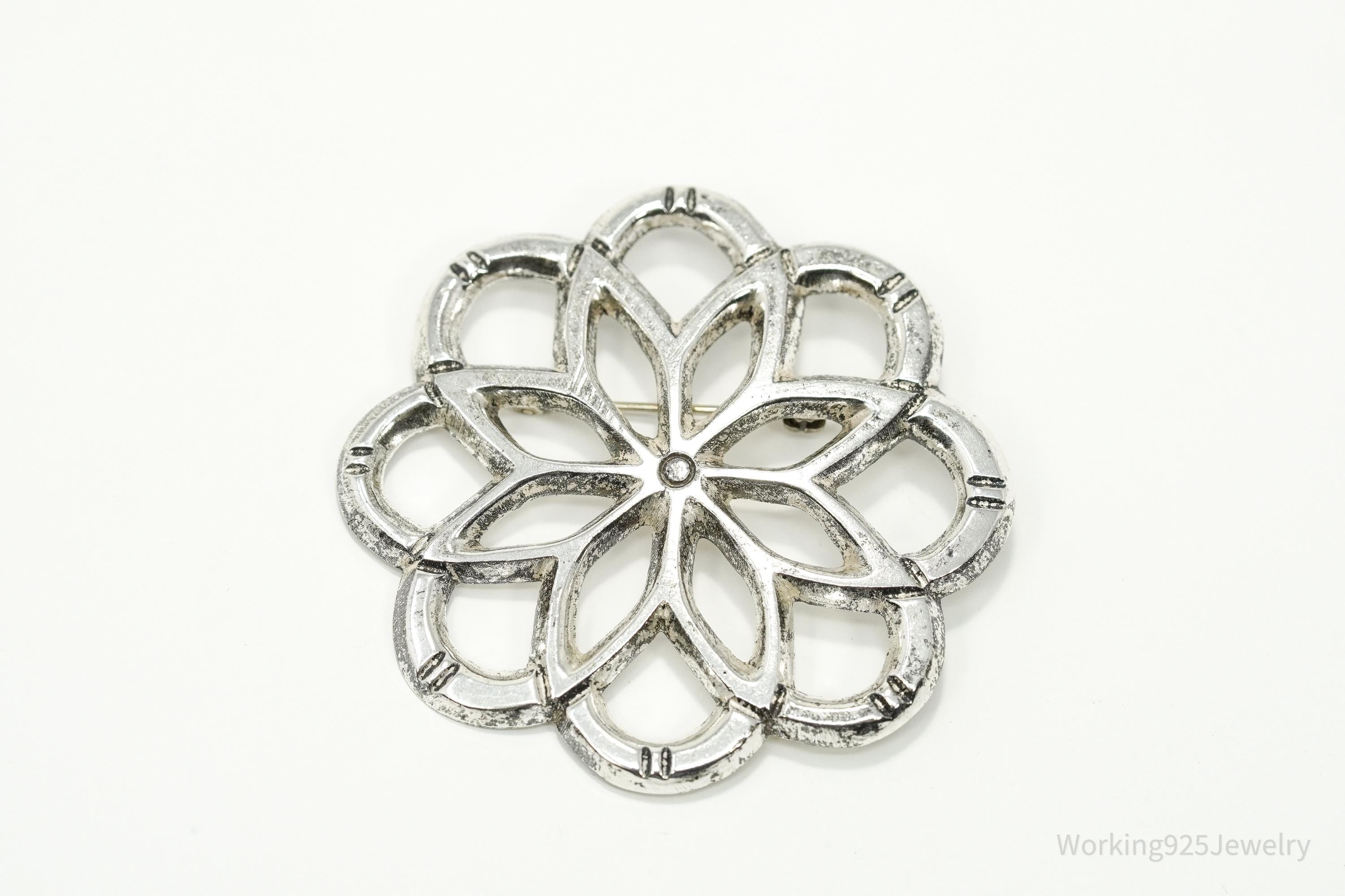 Large Vintage Flower Silver Brooch Pin 2"