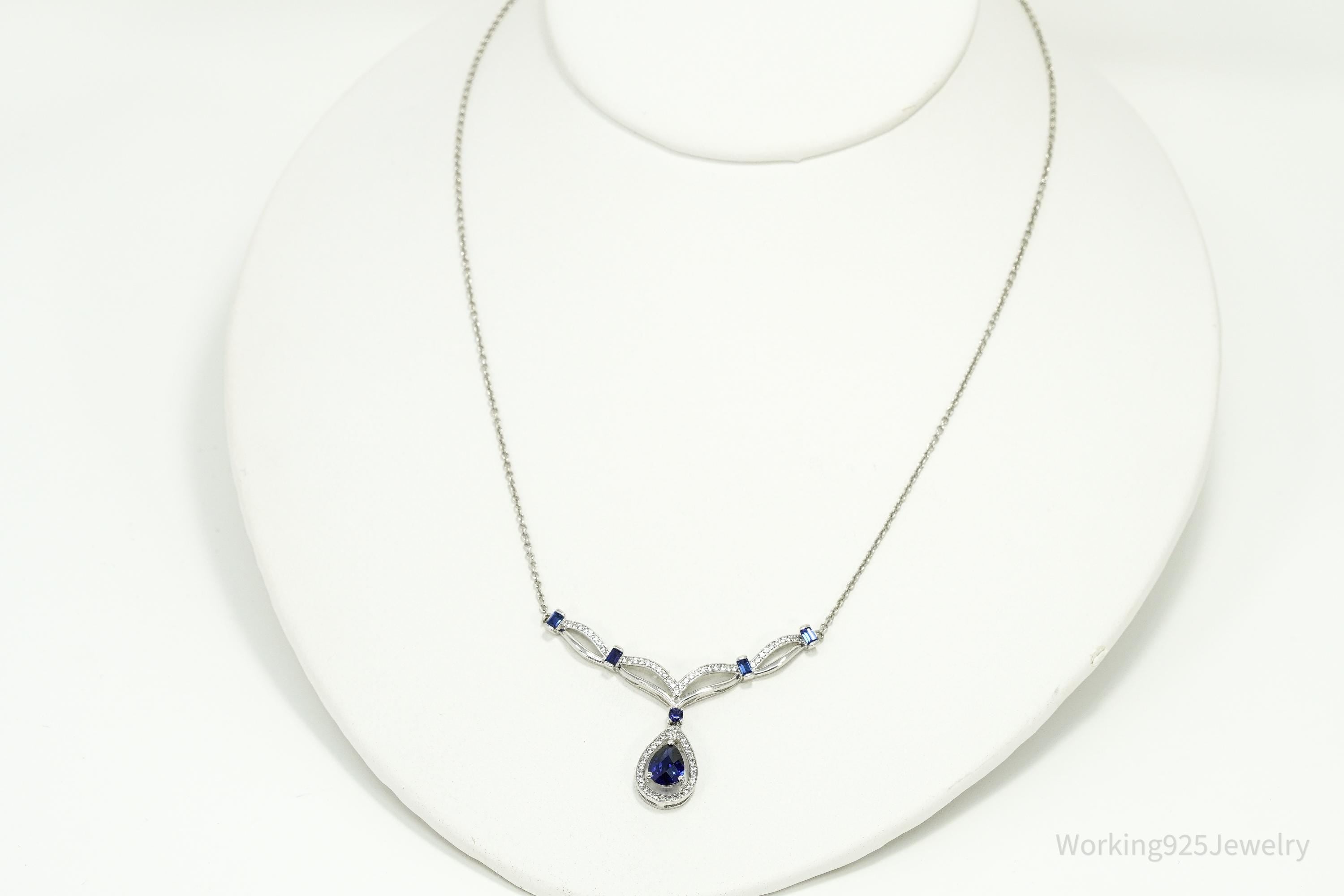 Vintage Blue & White Sapphire Sterling Silver Necklace 15"