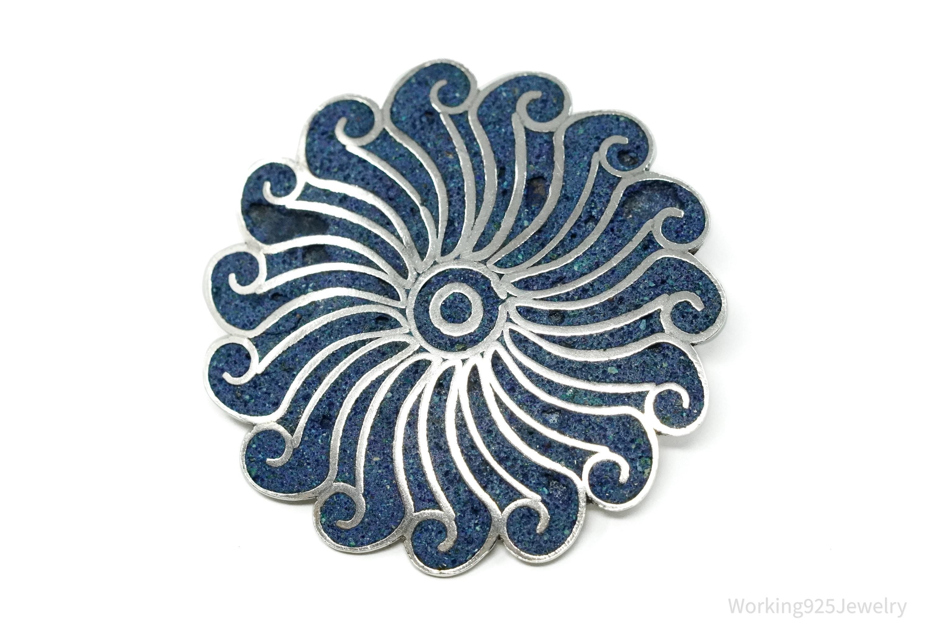 Large Vintage Mexican A Garcia Blue Stone Inlay Sterling Silver Brooch Pin Pendant