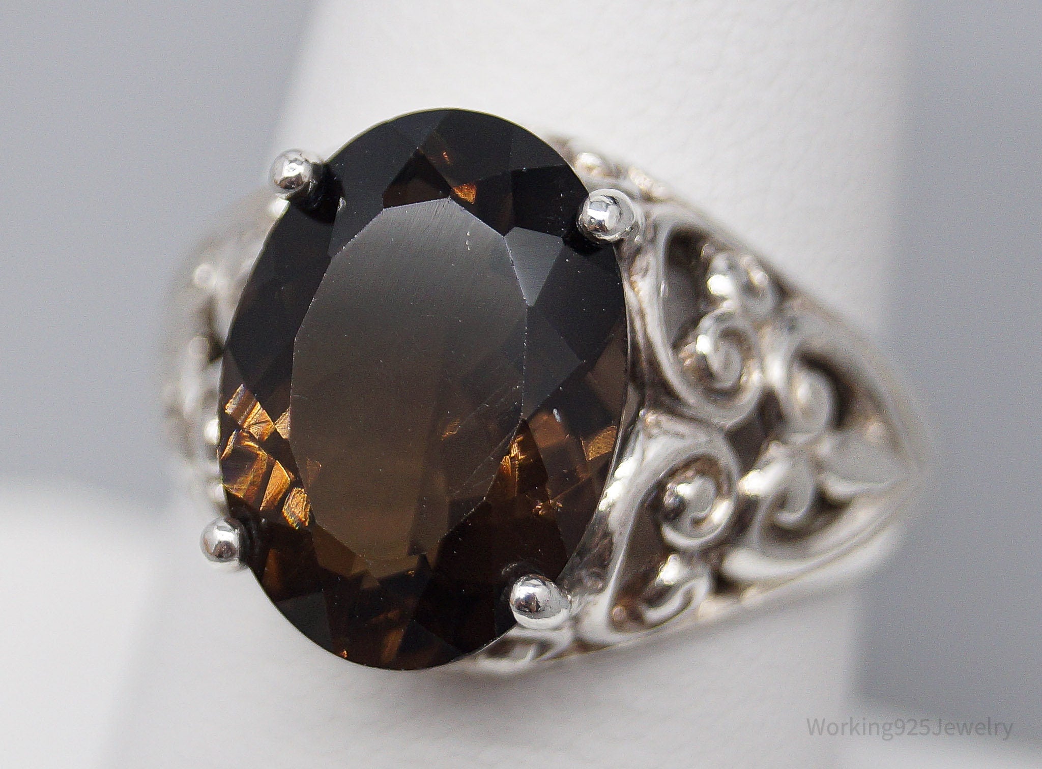 Vintage Large Smoky Topaz Sterling Silver Ring - Size 7.75