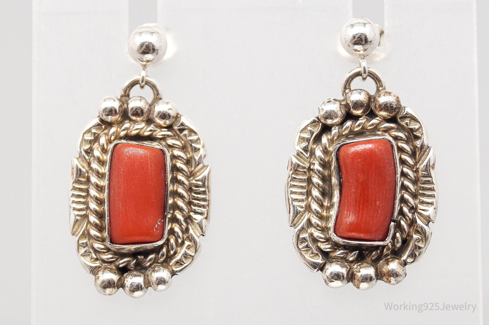 Vintage Native American NE Coral Sterling Silver Earrings