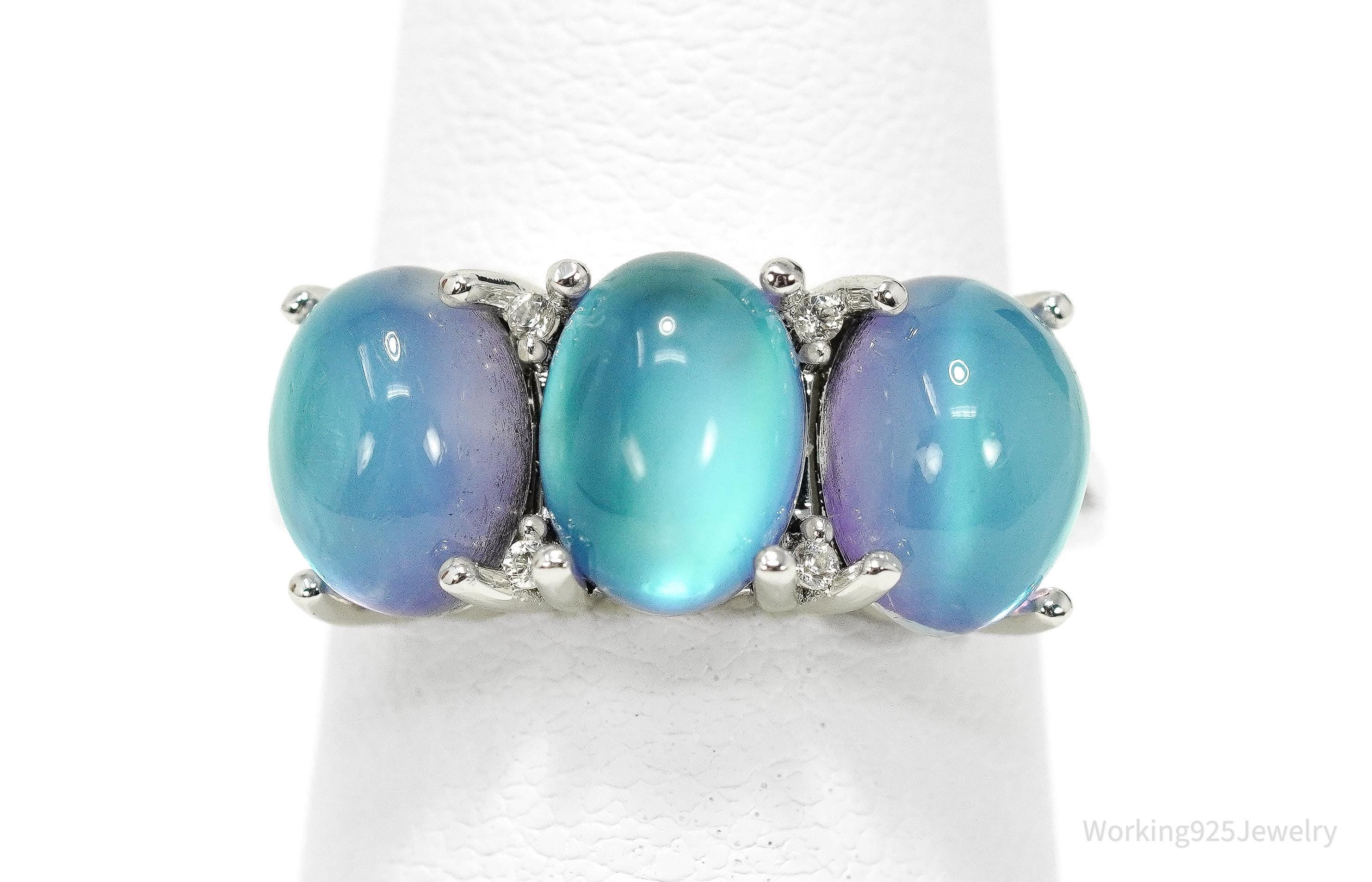 Vintage Y2K Aurora Moonstone & White Zircon Rhodium Over Sterling Silver Ring 5