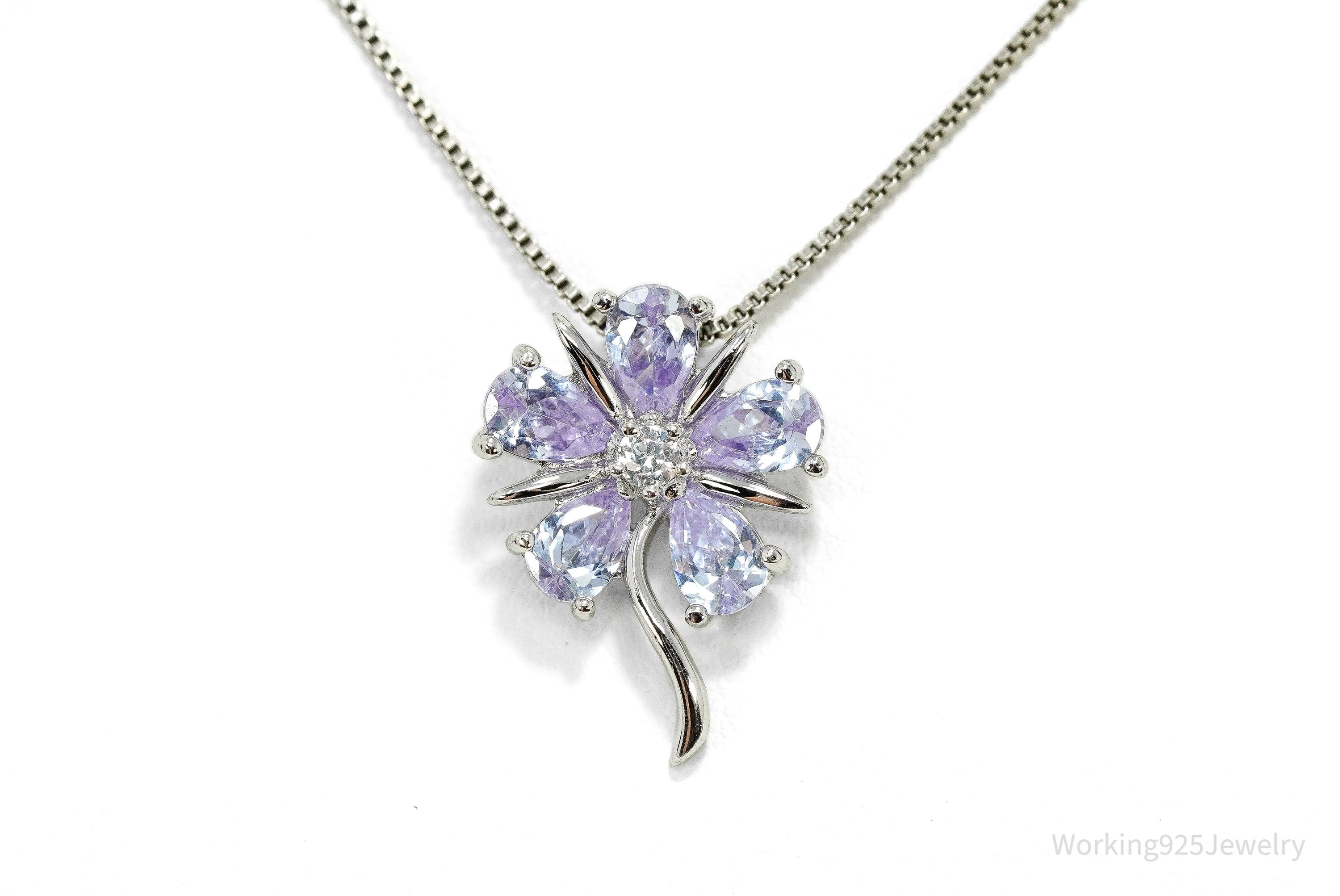 Vintage Periwinkle & White Cubic Zirconia Sterling Silver Flower Necklace - 18"