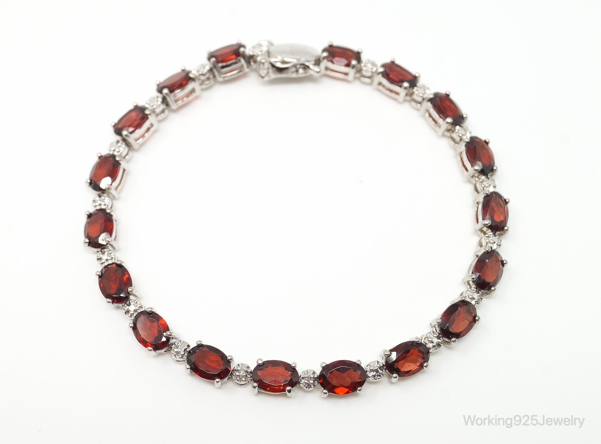 Vintage Red Garnet 2 Diamond Sterling Silver Bracelet