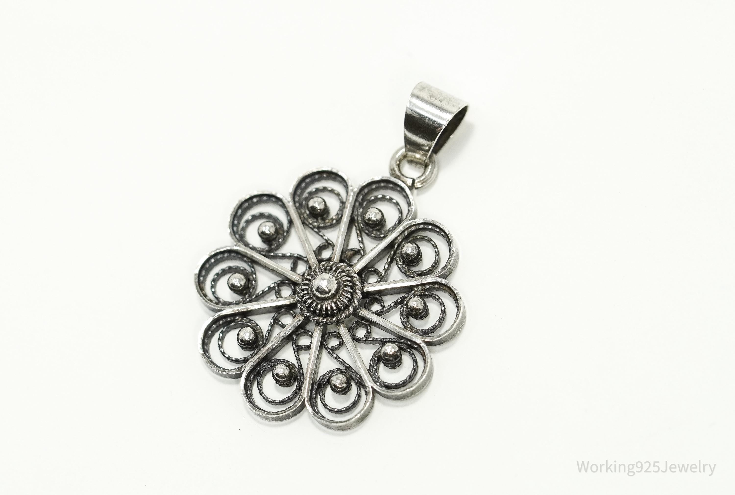 Vintage Ornate Norwegian Modernist Flower 830S Silver Pendant 1.25"