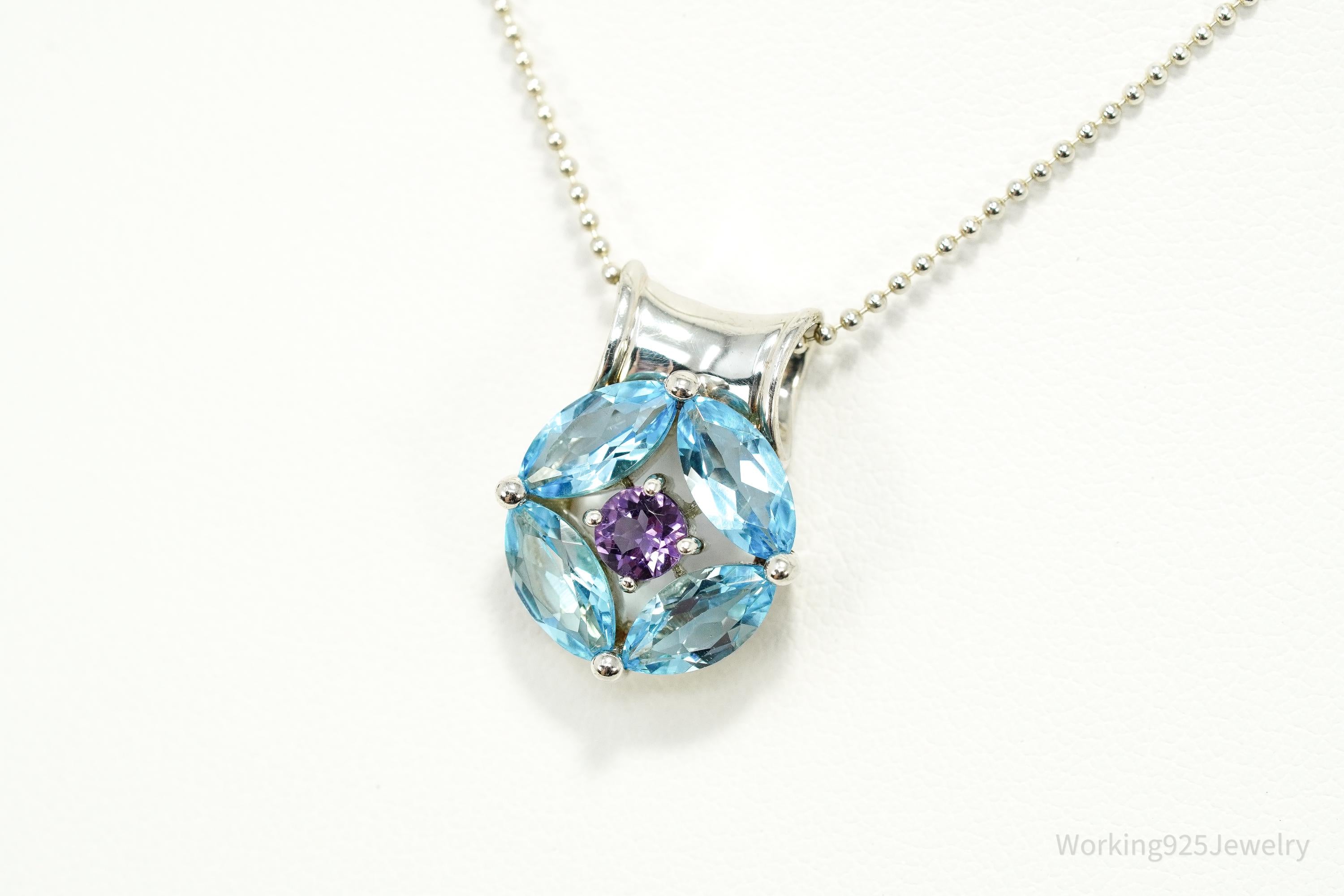 Vintage Designer S&G Blue Topaz Amethyst Sterling Silver Necklace 20"