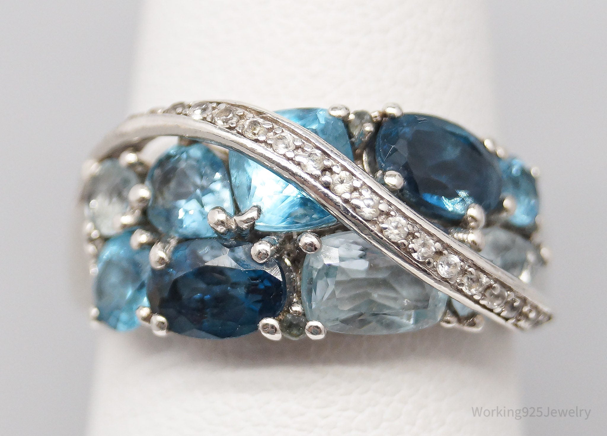 Vintage Blue & White Topaz Sterling Silver Ring - Size 7