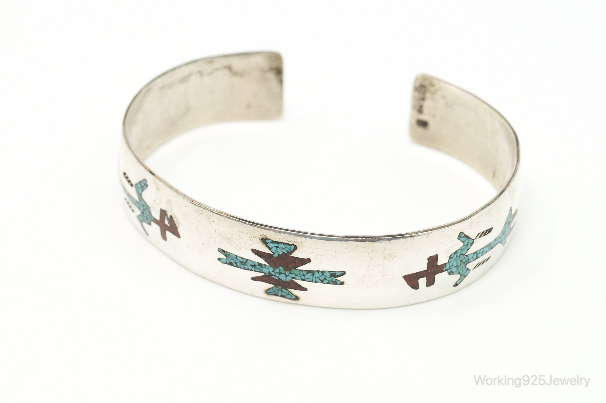 Vintage Native American Signed Turquoise Coral Sterling Silver Cuff Bracelet