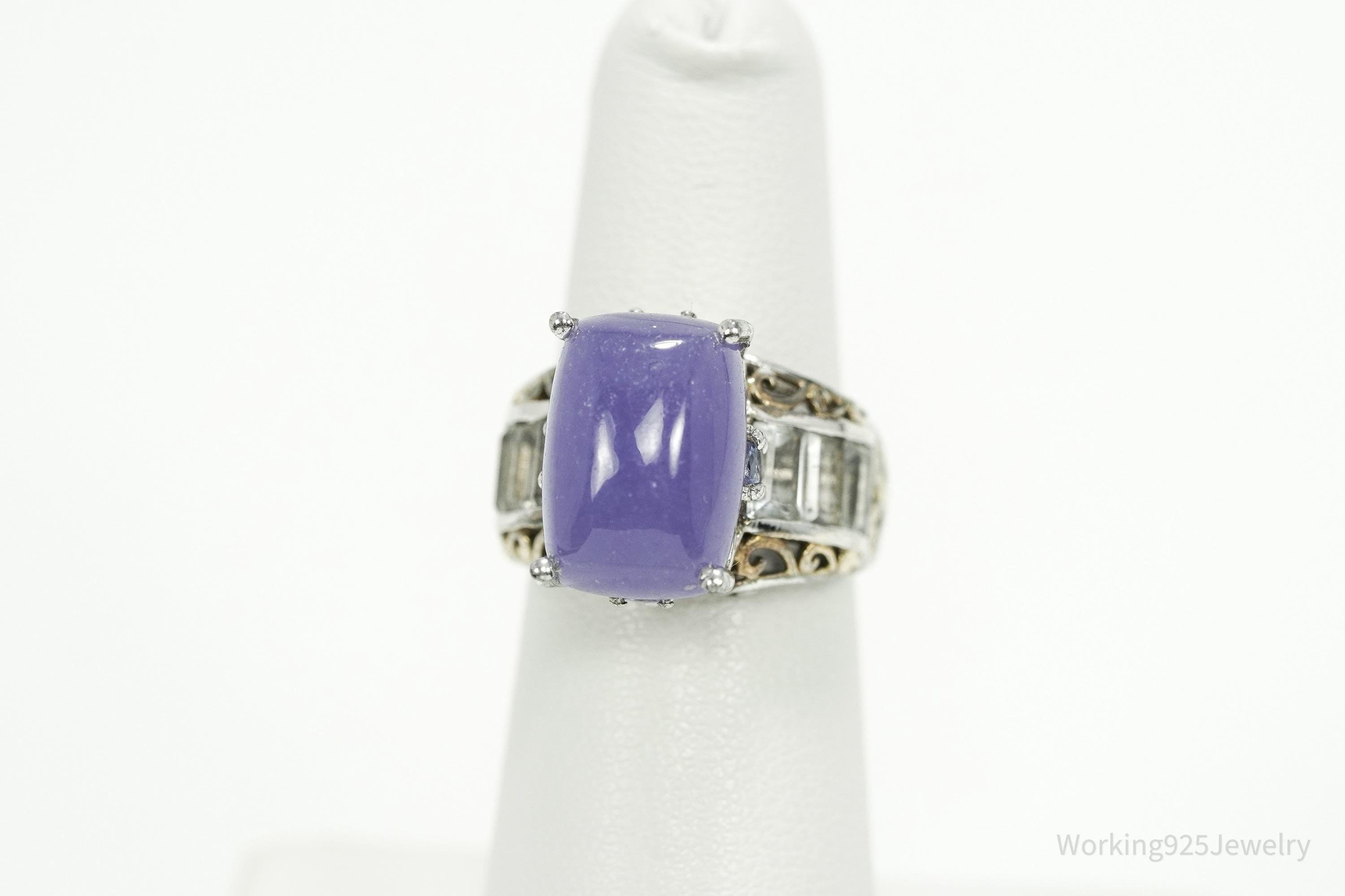 Vintage Purple Jade & Cubic Zirconia Gold Vermeil Sterling Silver Ring - Size 5.25