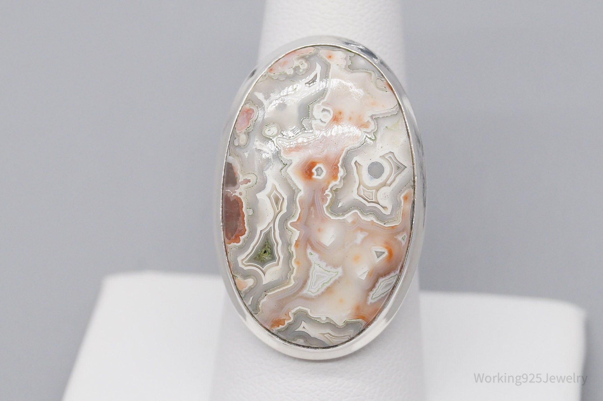 Vintage Large Crazy Lace Agate Sterling Silver Ring - Size 7.75