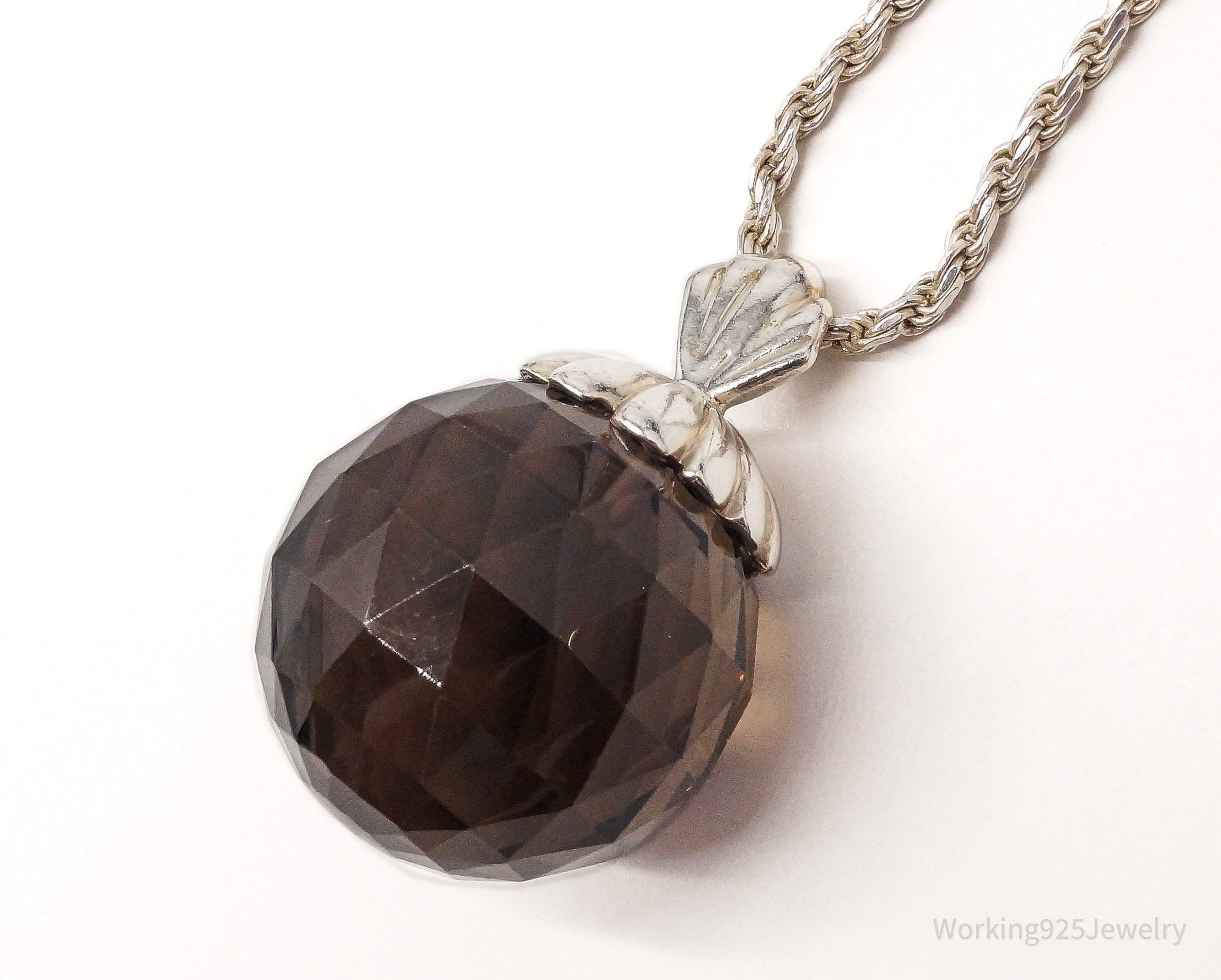 Vintage Large Smoky Topaz Sterling Silver Necklace 18"