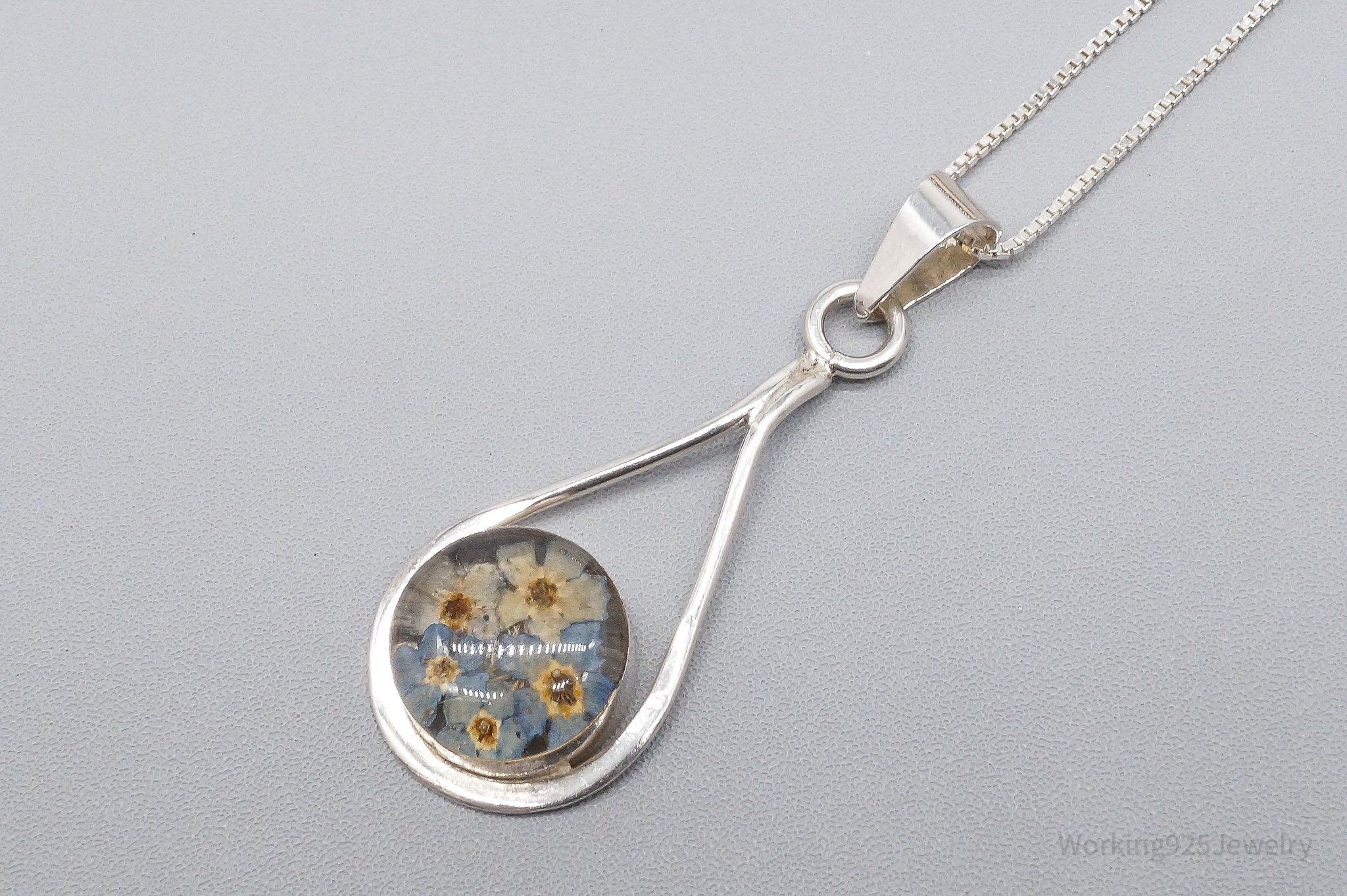 Vintage Dried Flowers Sterling Silver Necklace 20"