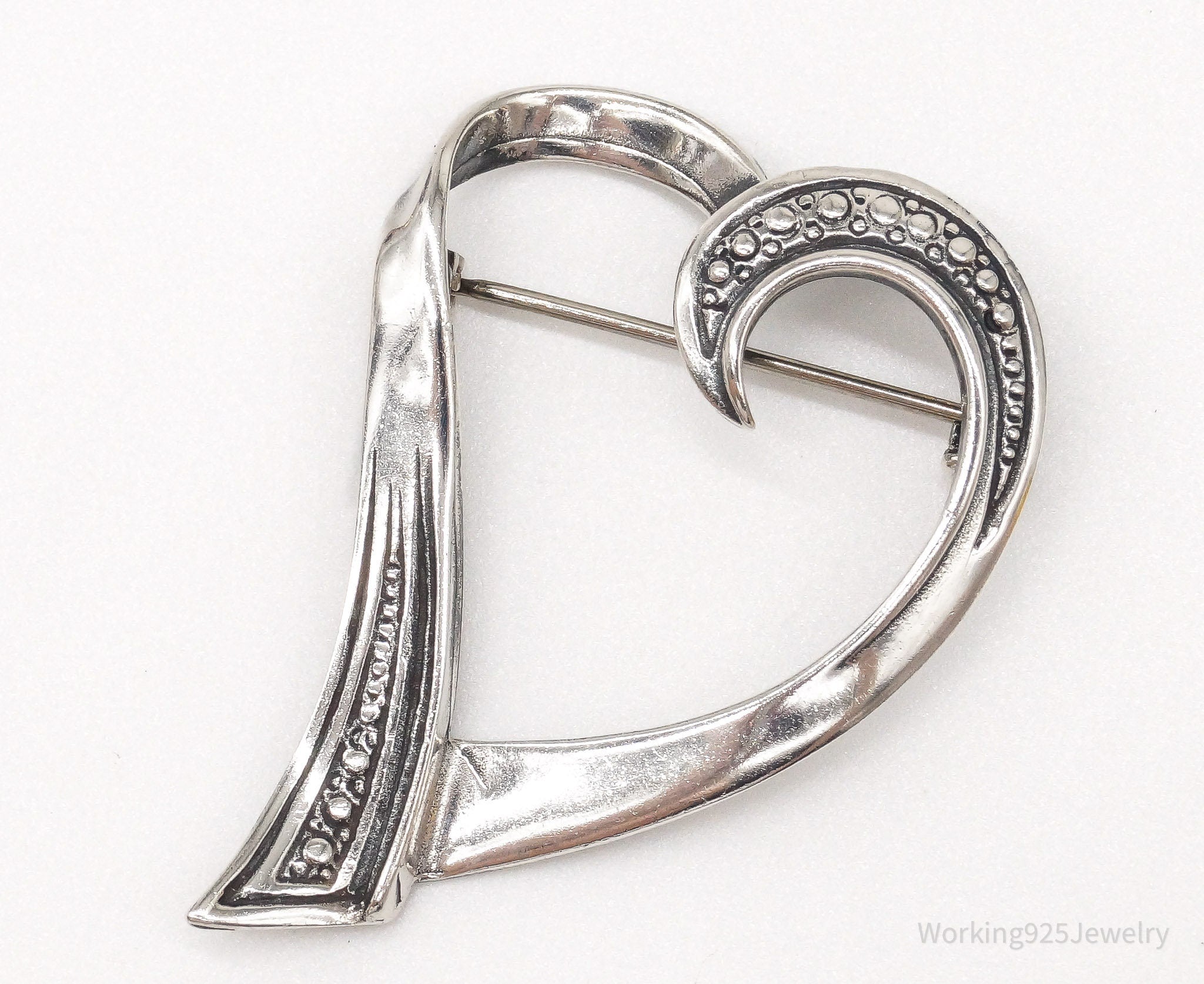 Vintage Open Heart Art Deco Sterling Silver Brooch Pin