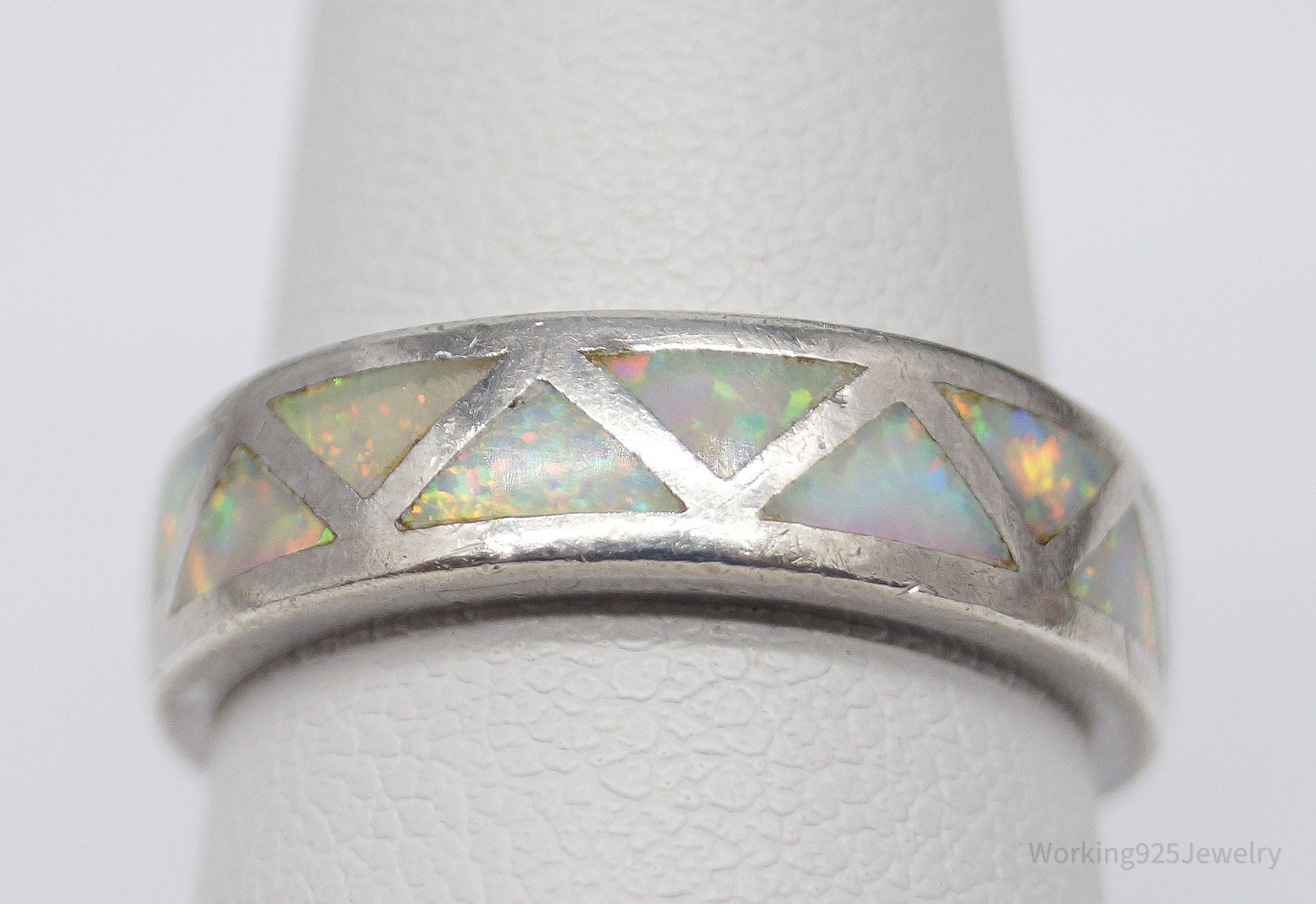 Vintage Opal Inlay Sterling Silver Band Ring - Size 6.75