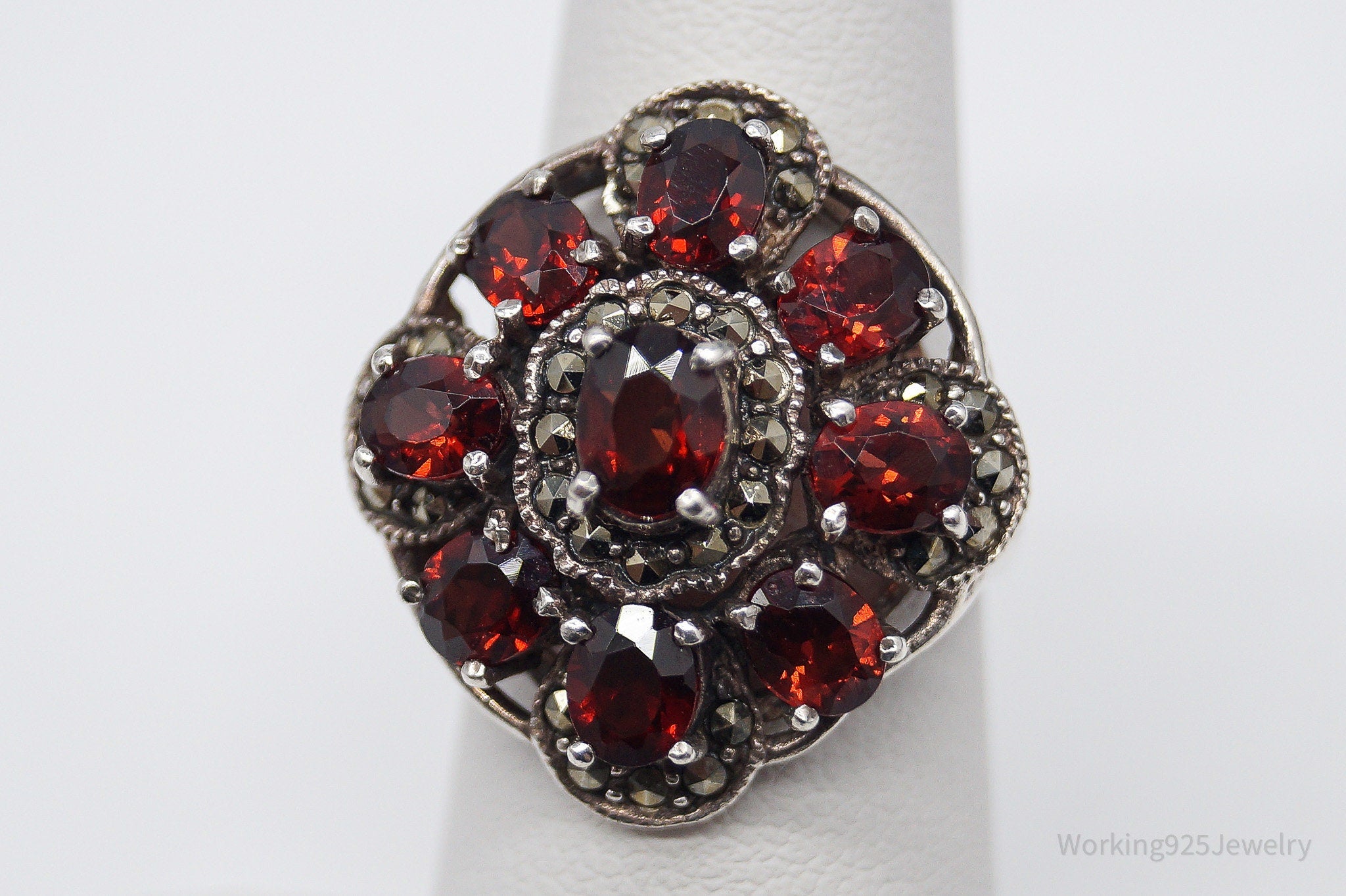 Vintage Garnet Marcasite Sterling Silver Ring - Size 5.75