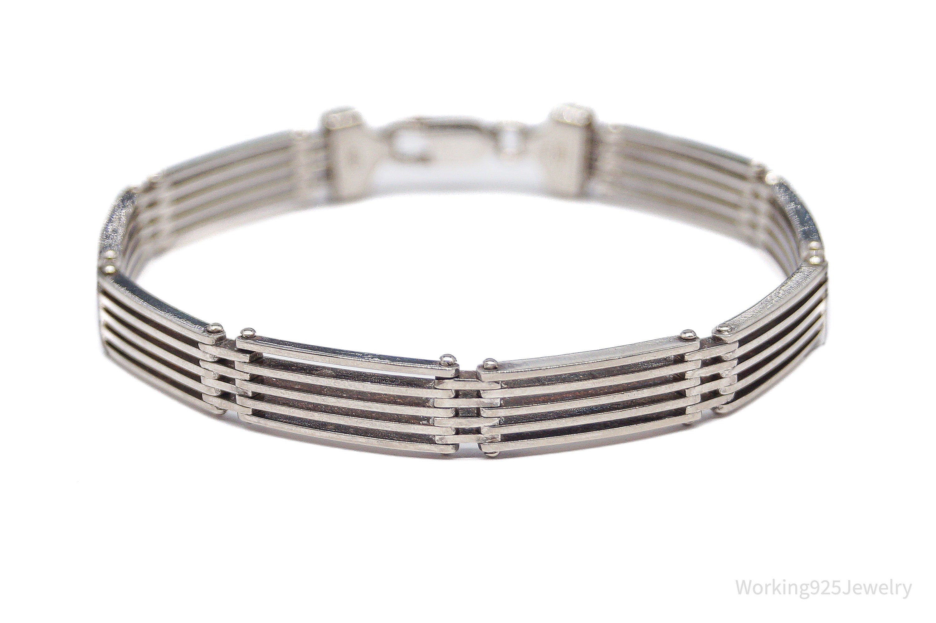 Vintage Italian Sterling Silver Bar Link Hinge Bracelet - 7 3/16"