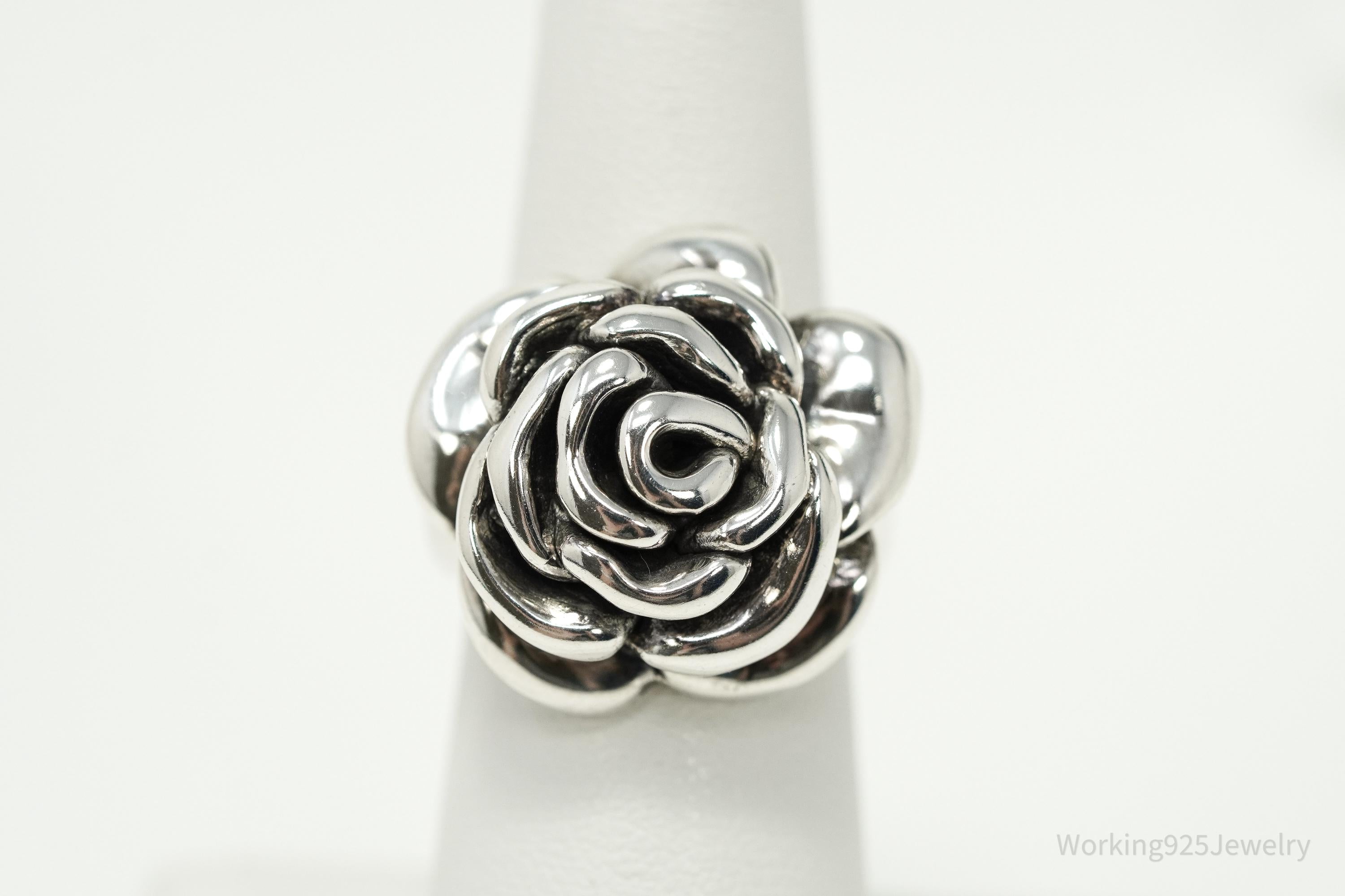 Vintage Puffy Rose Sterling Silver Hollow Ring - Size 6
