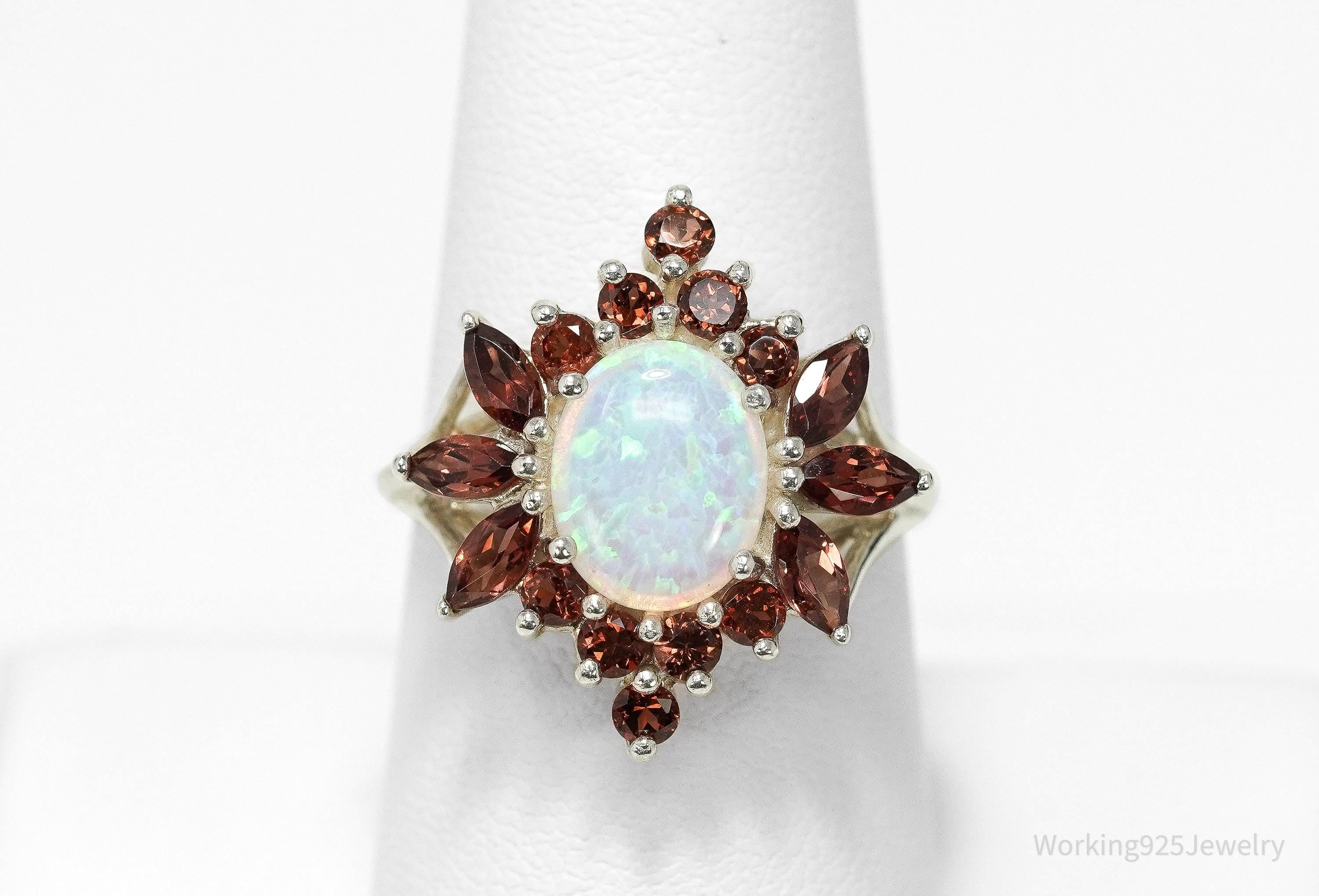 Vintage Opal & Garnet Sterling Silver Cluster Ring - Size 8