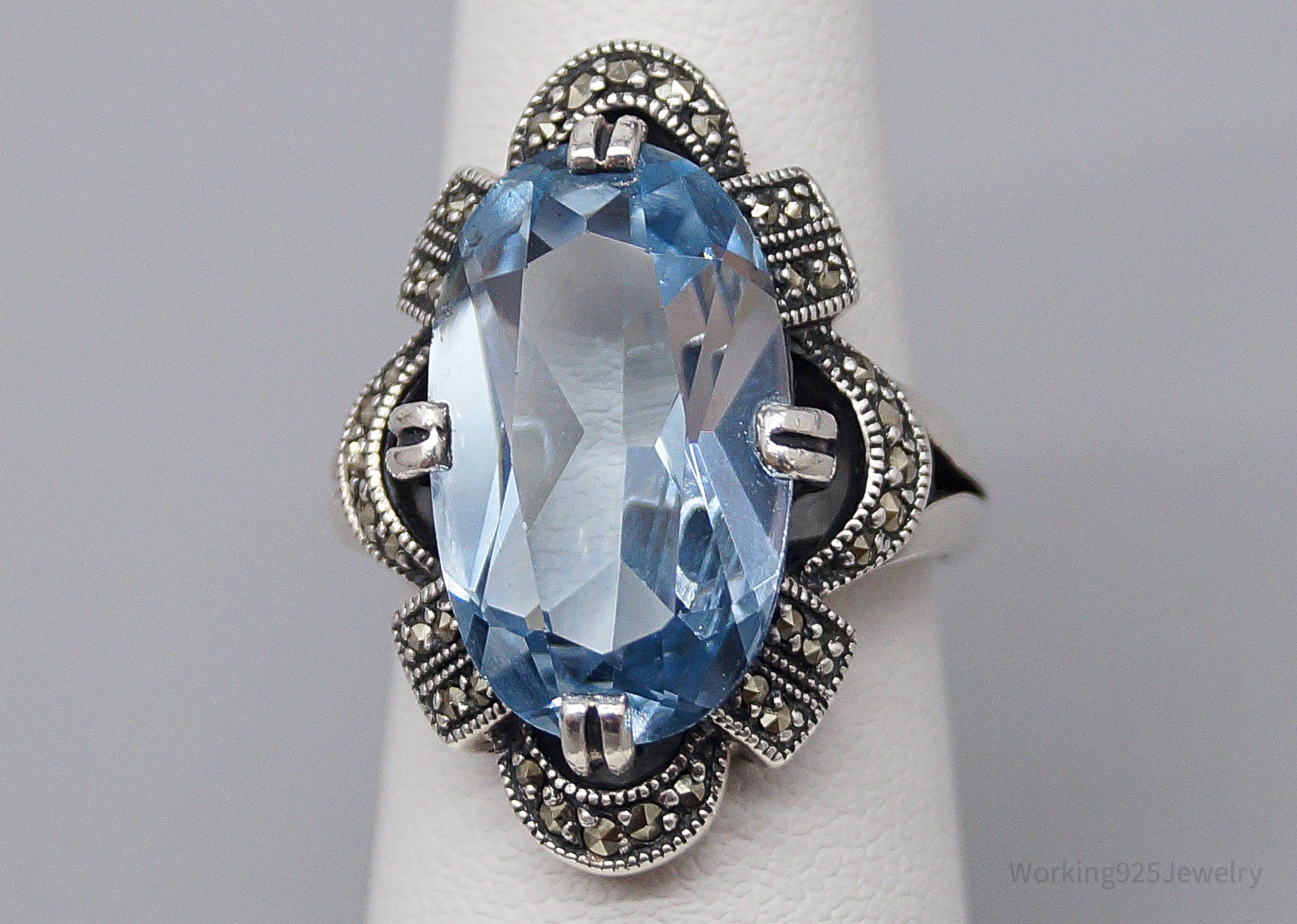 Vintage Blue Topaz & Marcasite Art Deco Sterling Silver Ring - Size 6