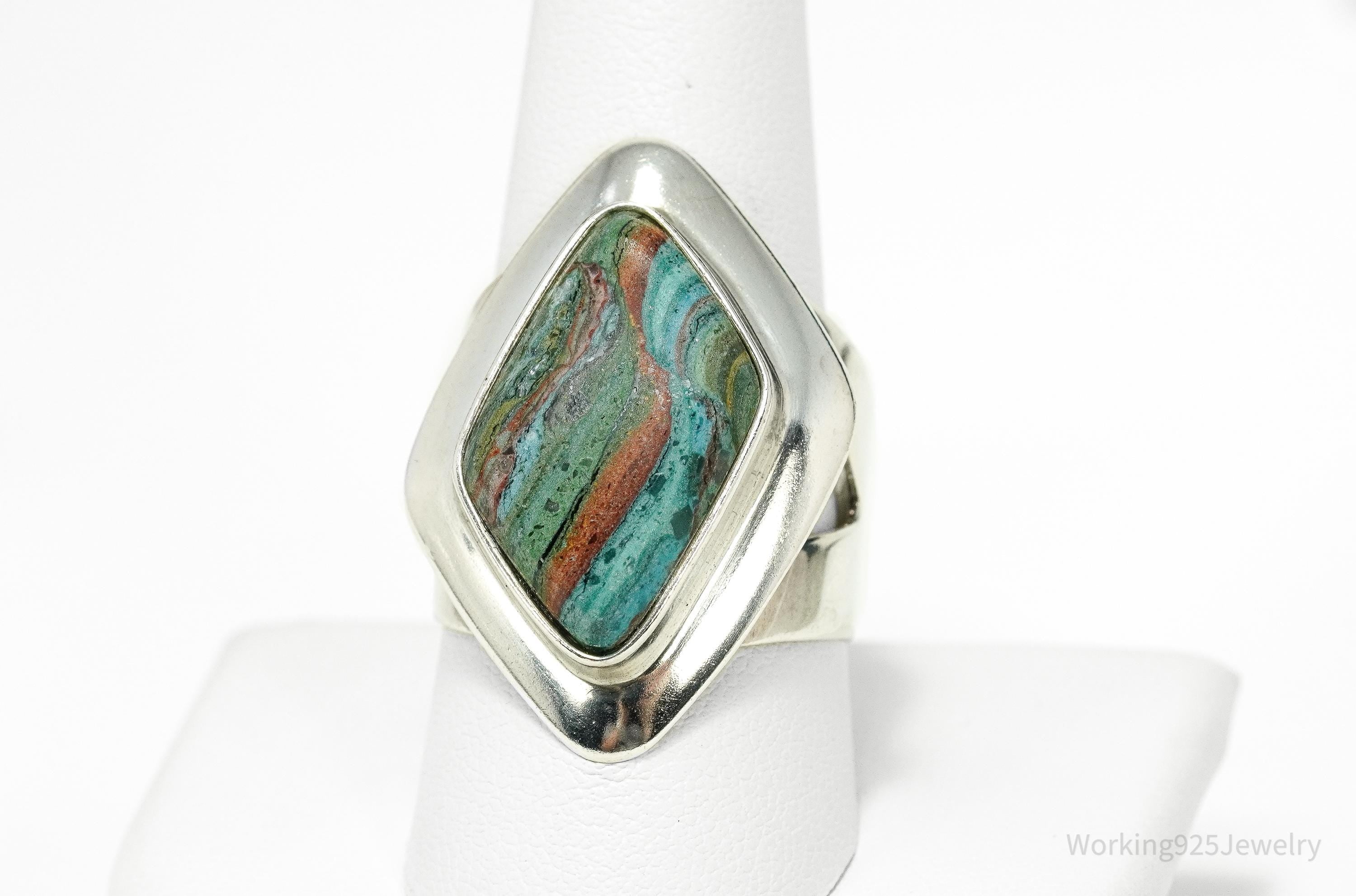 VTG Jay King Desert Rose Trading Rainbow Calsilica Sterling Silver Ring - Size 10