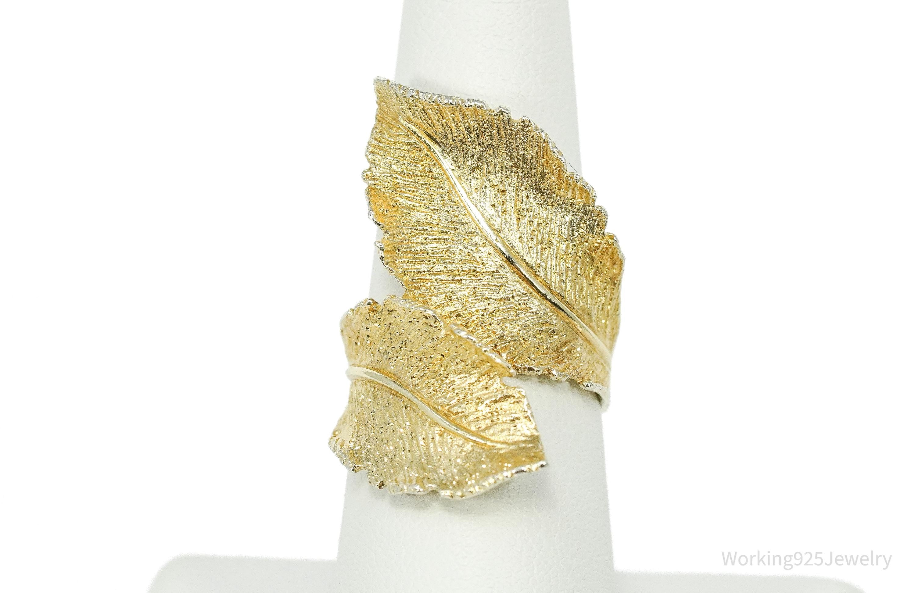 Vintage Italian Dyadema 18K Yellow Gold Plated Figural Leaf Sterling Silver Ring - Size 7