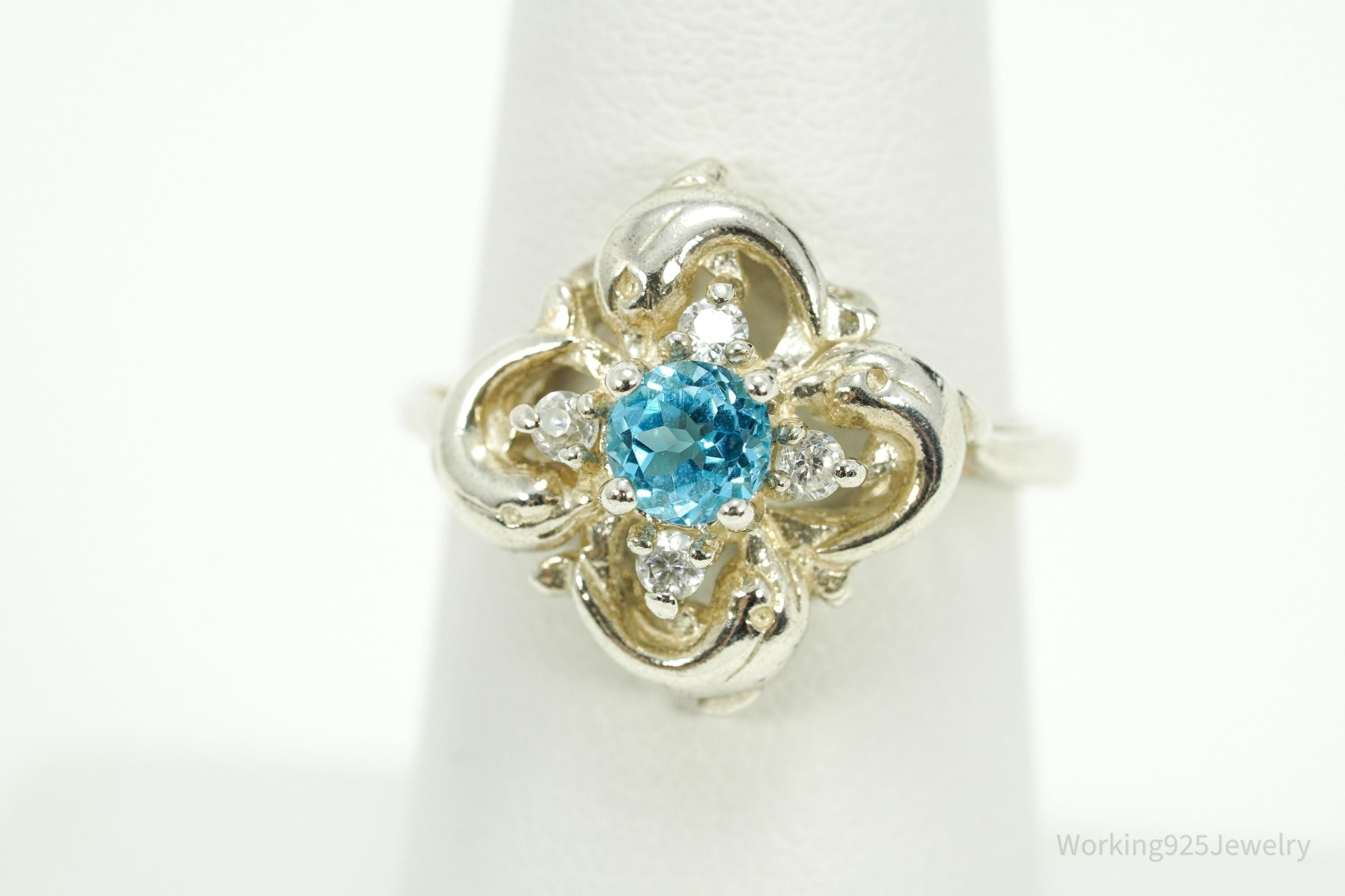 Vintage Blue Topaz & Cubic Zirconia Dolphins Sterling Silver Ring - Size 7