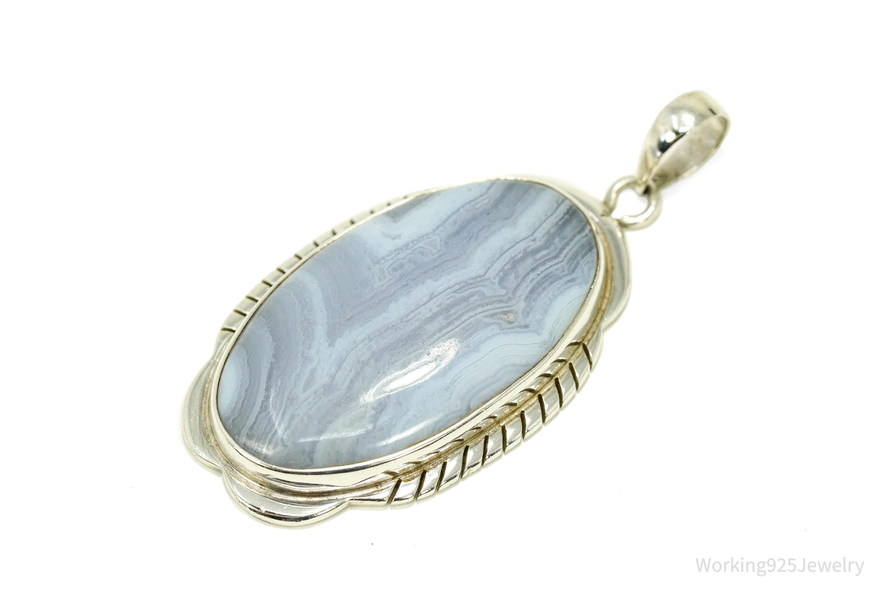 Large Vintage Blue Lace Agate Sterling Silver Pendant