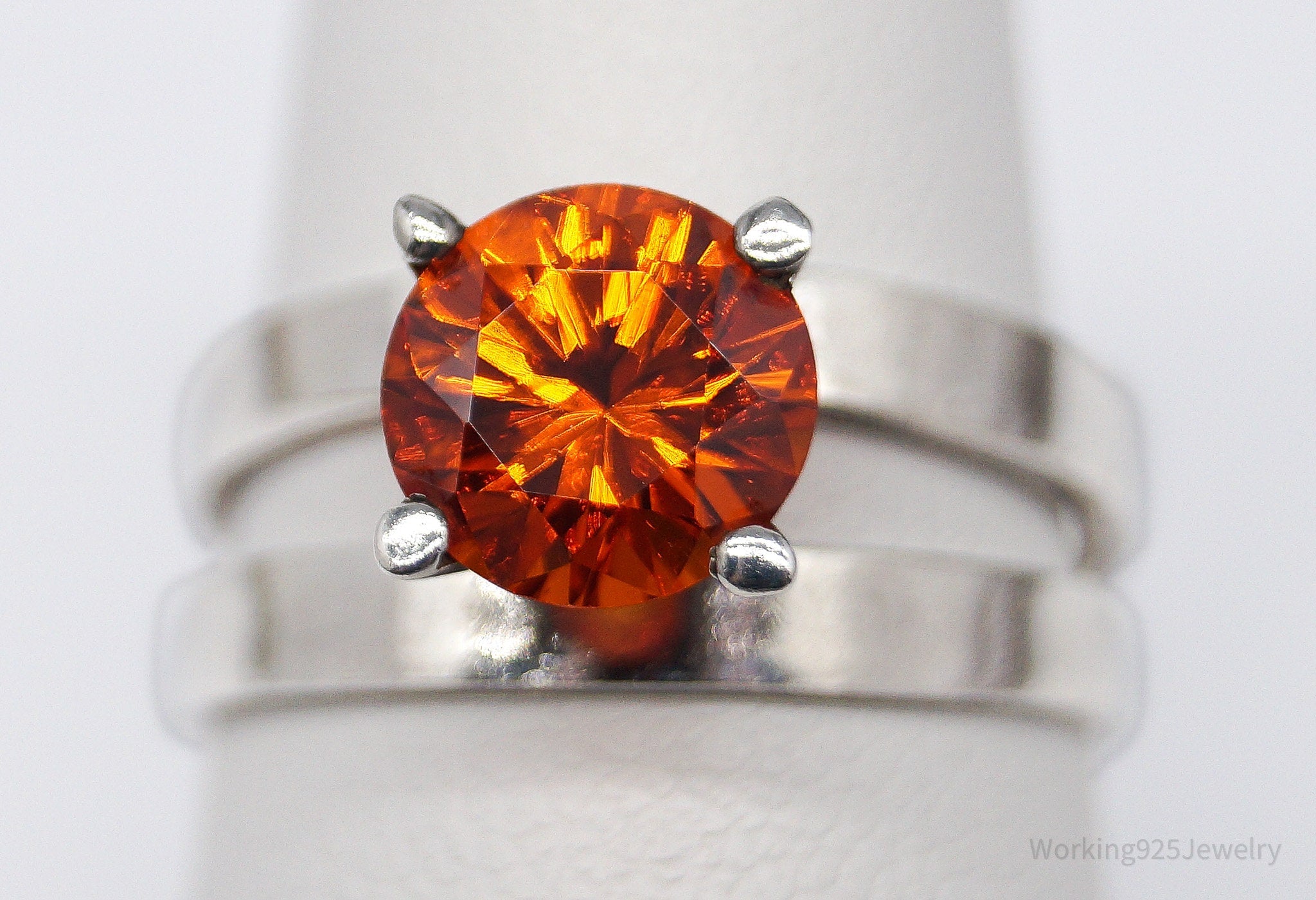 Vintage Orange Glass Fire Stone Modernist Mexico Sterling Silver Ring - Size 7.25