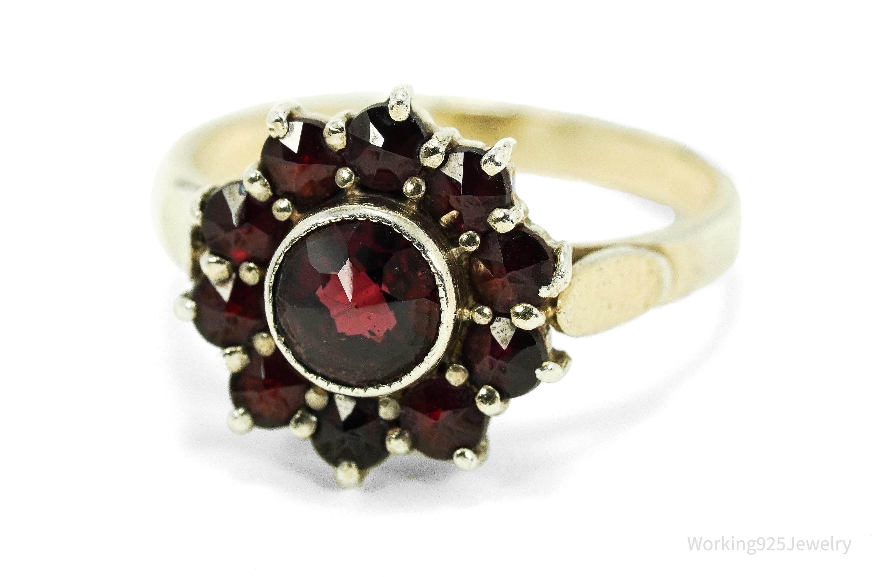 Antique Bohemian Garnet Flower Gold Wash Silver Ring - Size 5.5