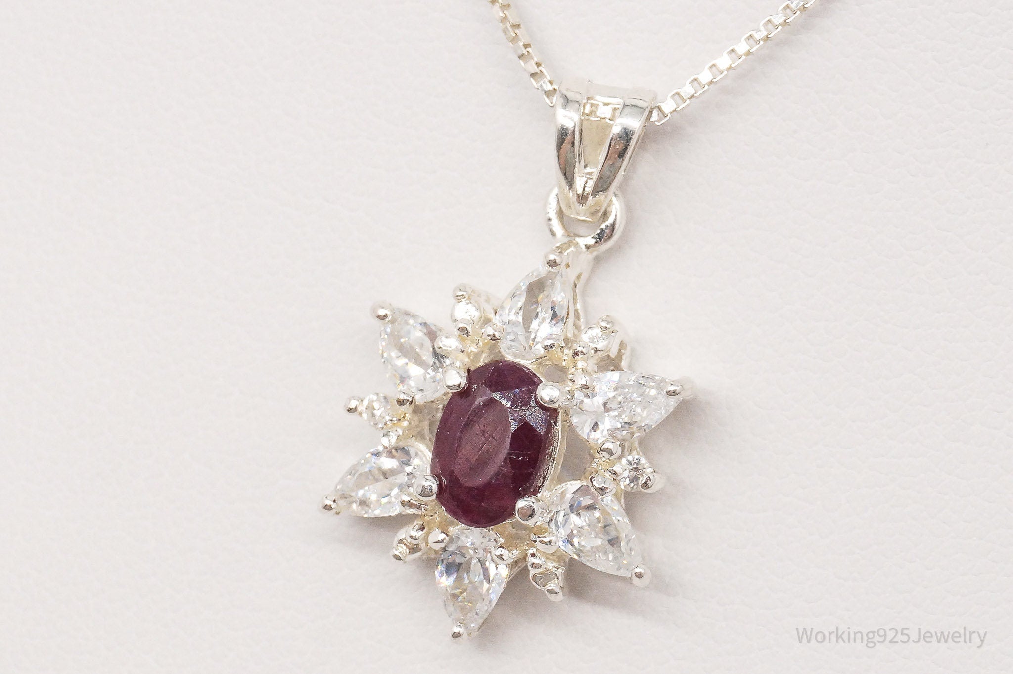 Vintage Raw Cut Ruby Cubic Zirconia Flower Sterling Silver Necklace 18"