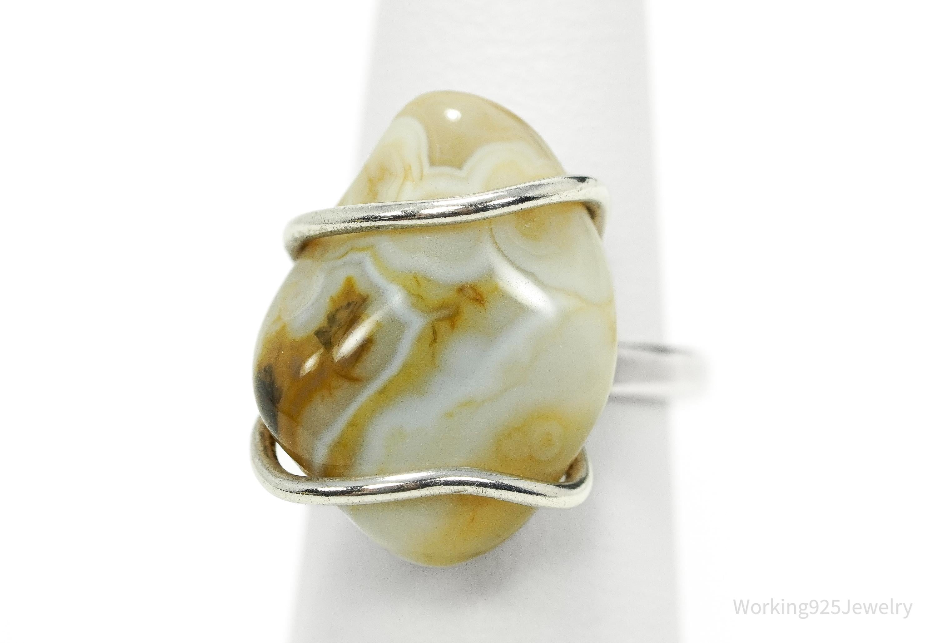 Vintage Lace Agate Silver Ring - Size 6