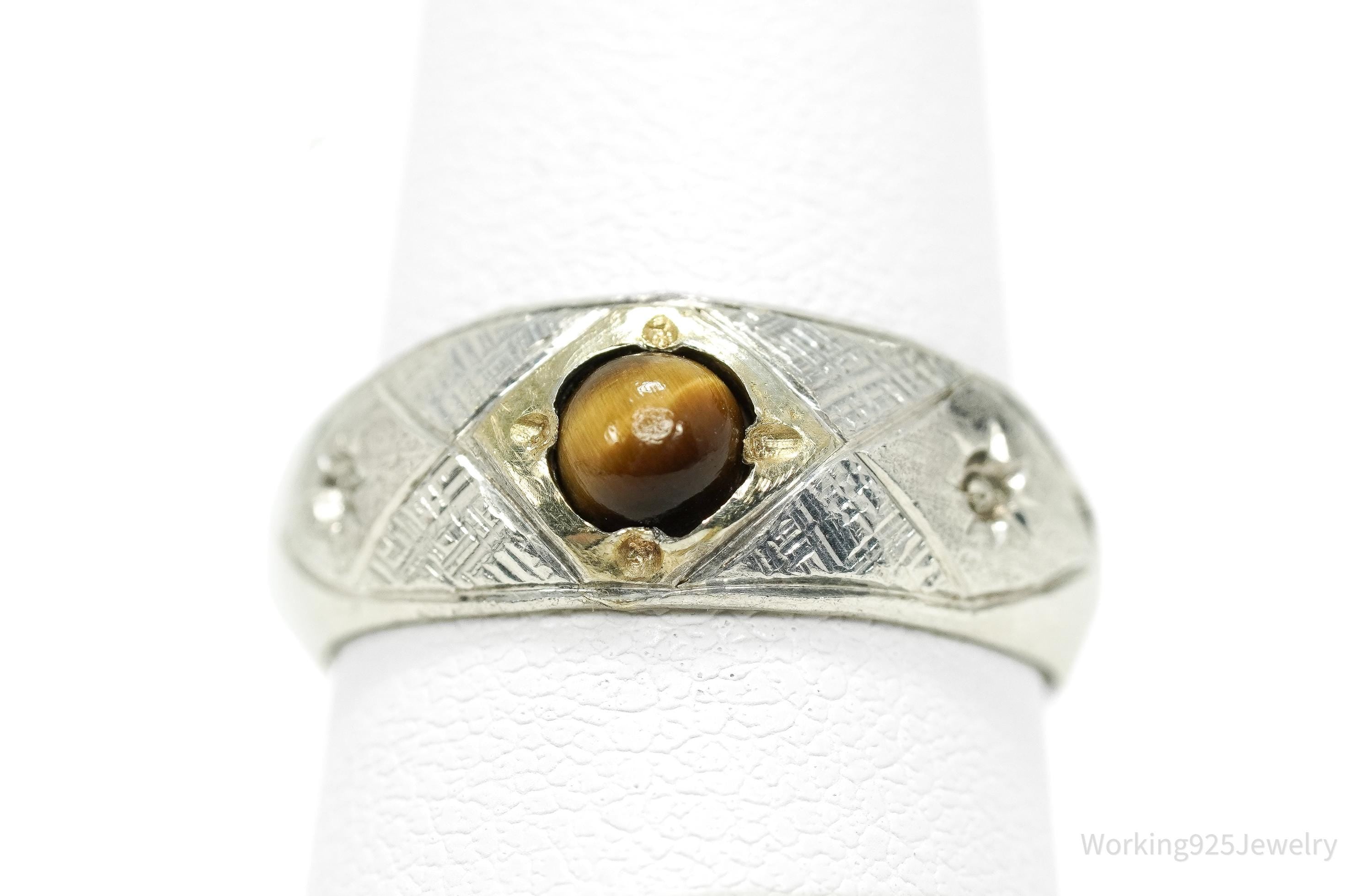 Antique Vintage Tigers Eye Gold Wash Silver Ring - Size 6.25