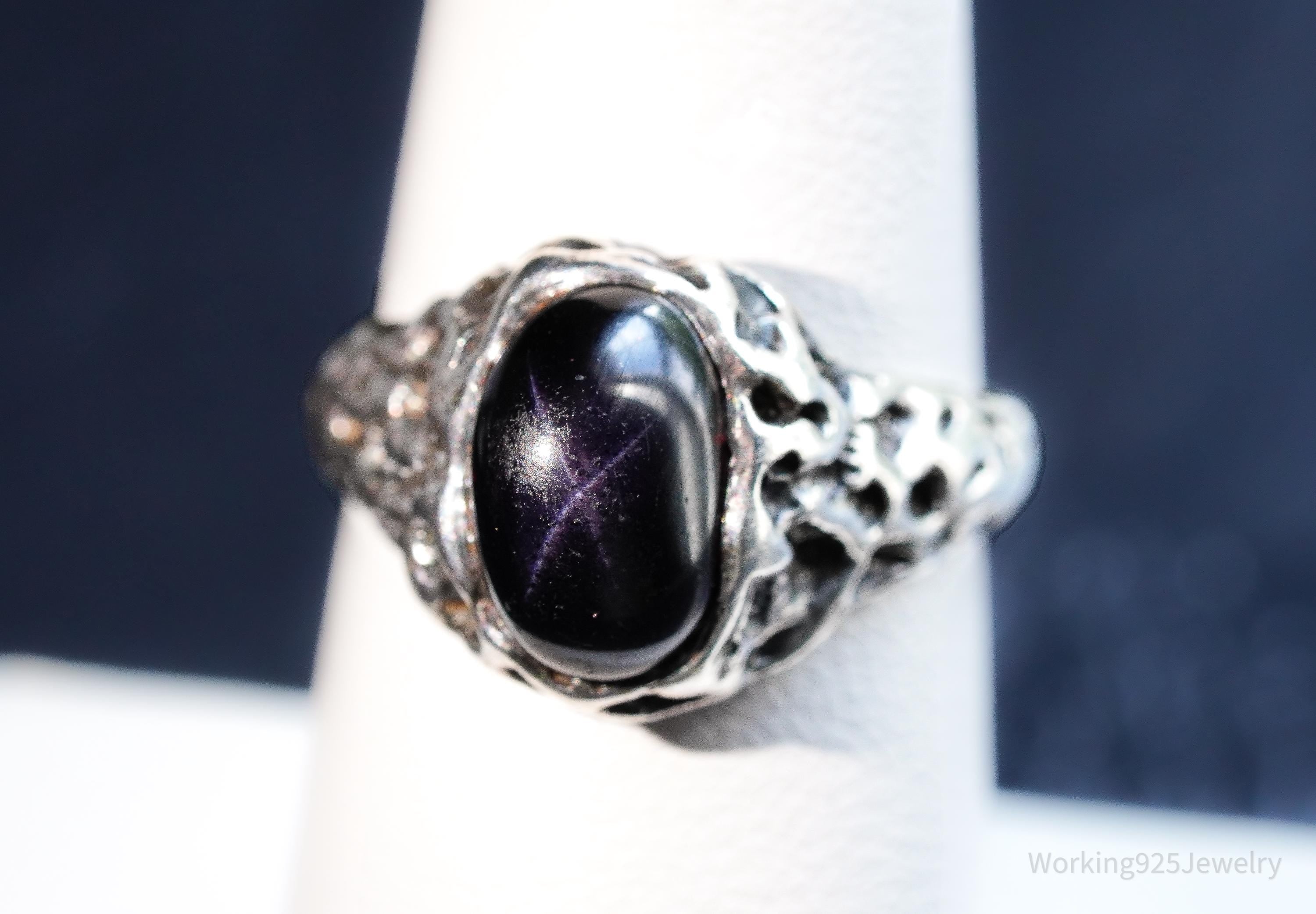 Vintage Brutalist Star Stone Silver Ring - Size 6.5