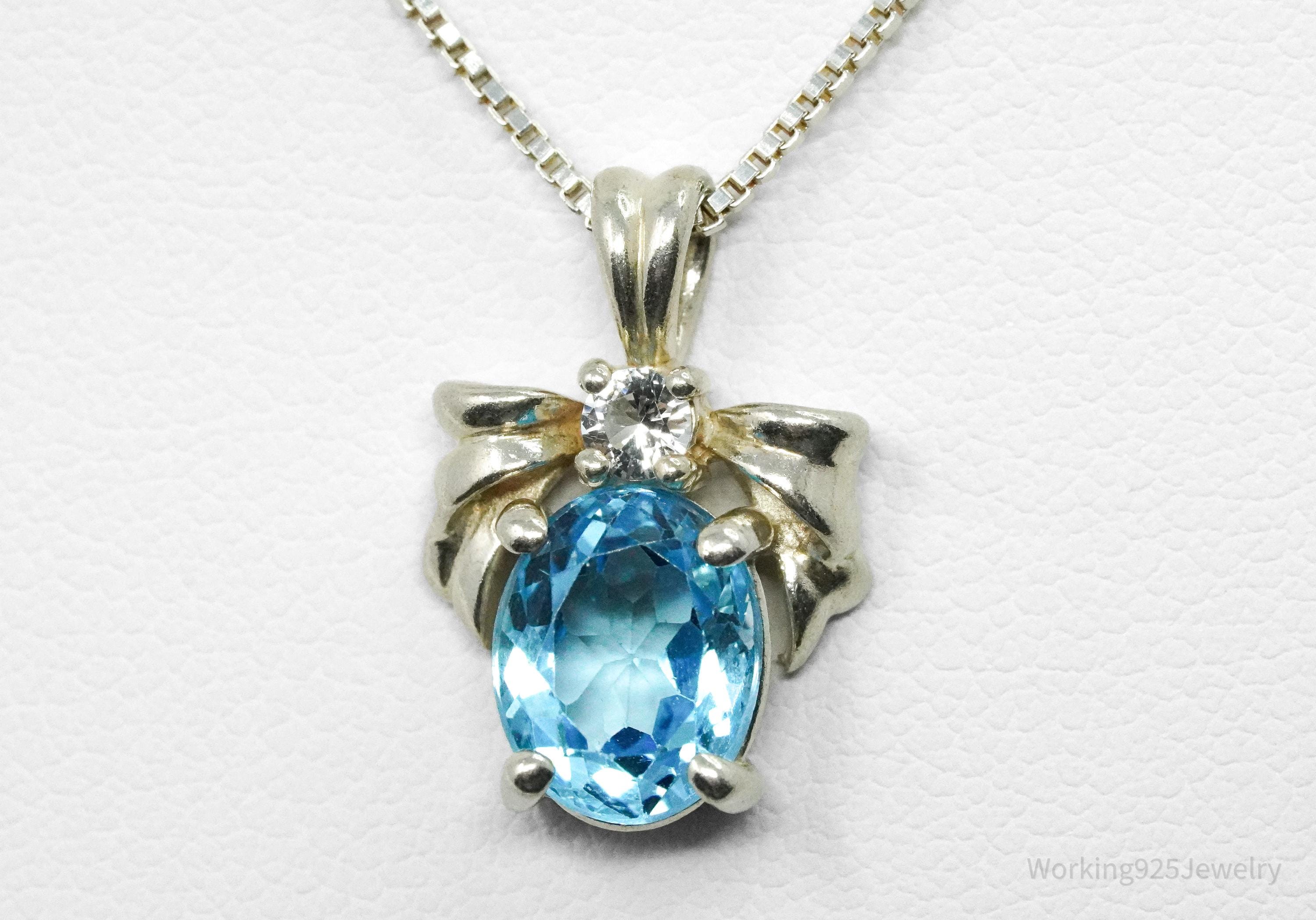 Vintage Blue Topaz & Cubic Zirconia Sterling Silver Necklace 18"
