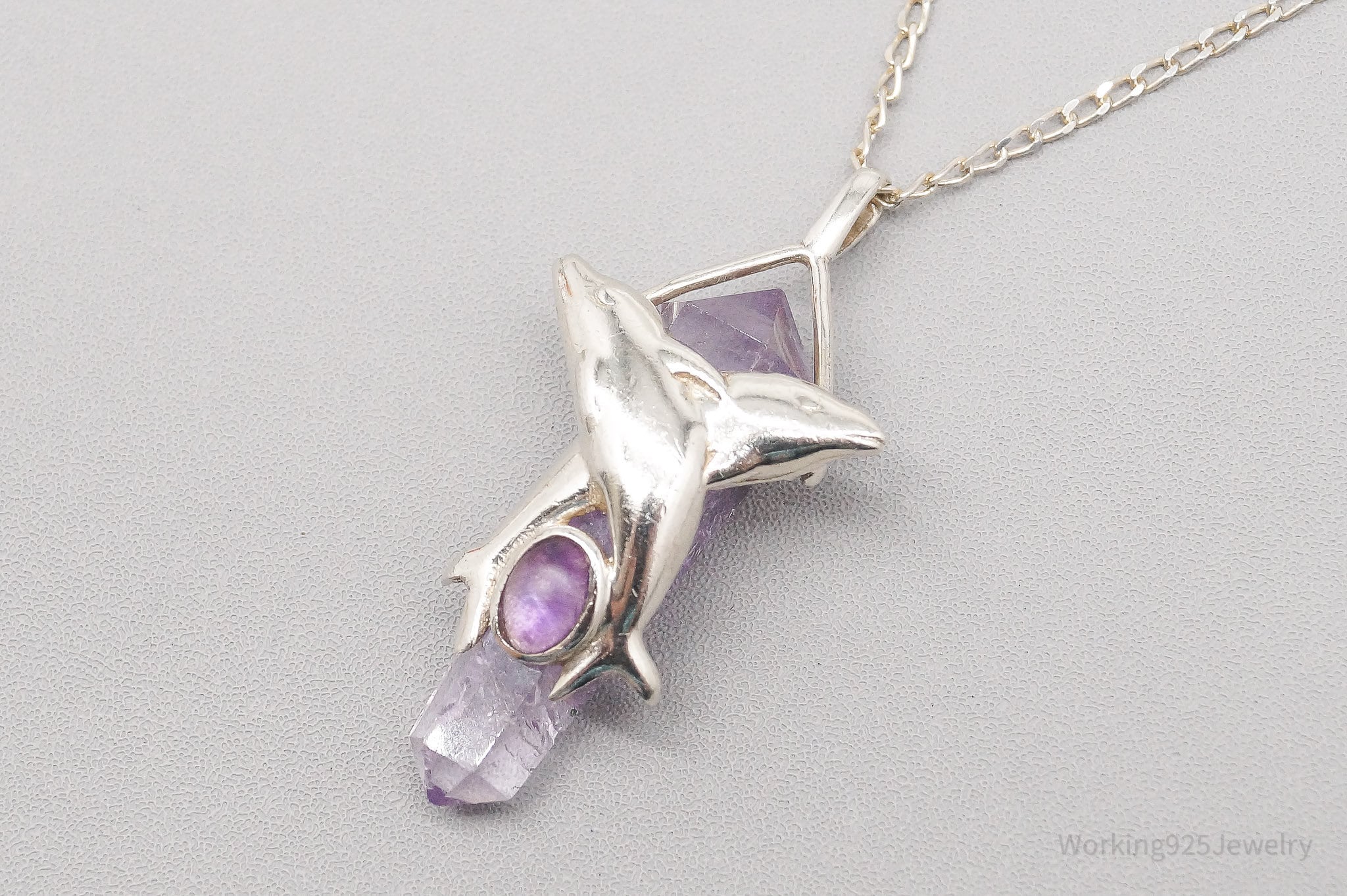 Vintage Amethyst Crystal Dolphins Sterling Silver Necklace 16"