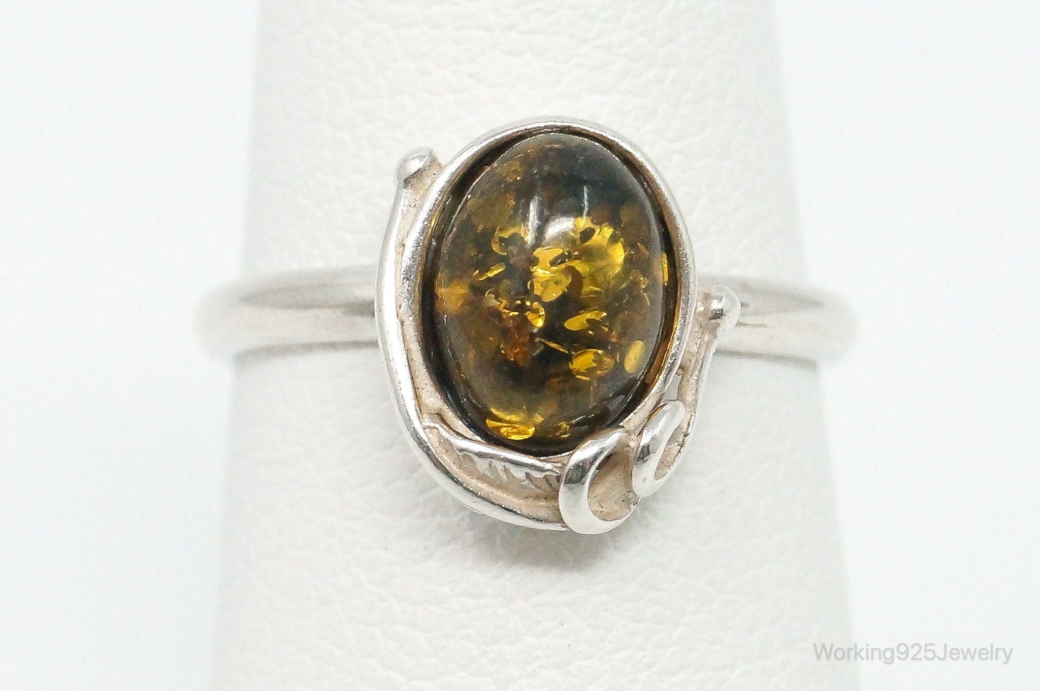 Vintage Yellow Amber Modern Sterling Silver Ring - Size 4.75