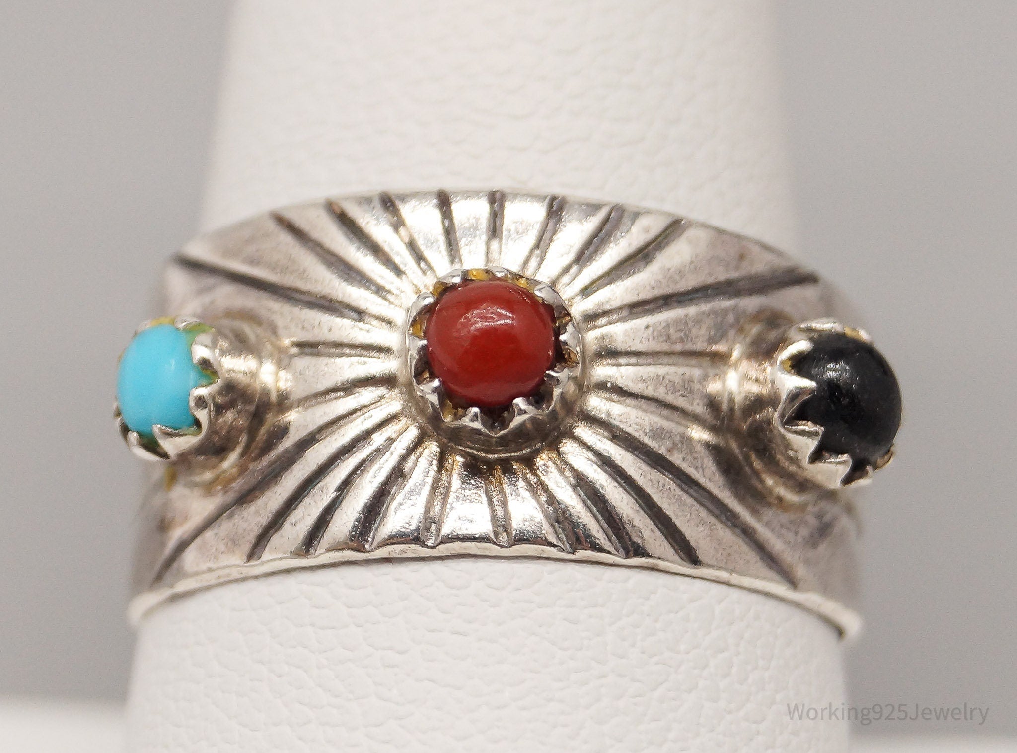 Vintage Native American Multi Gem Sterling Silver Ring - Size 10 Adjustable