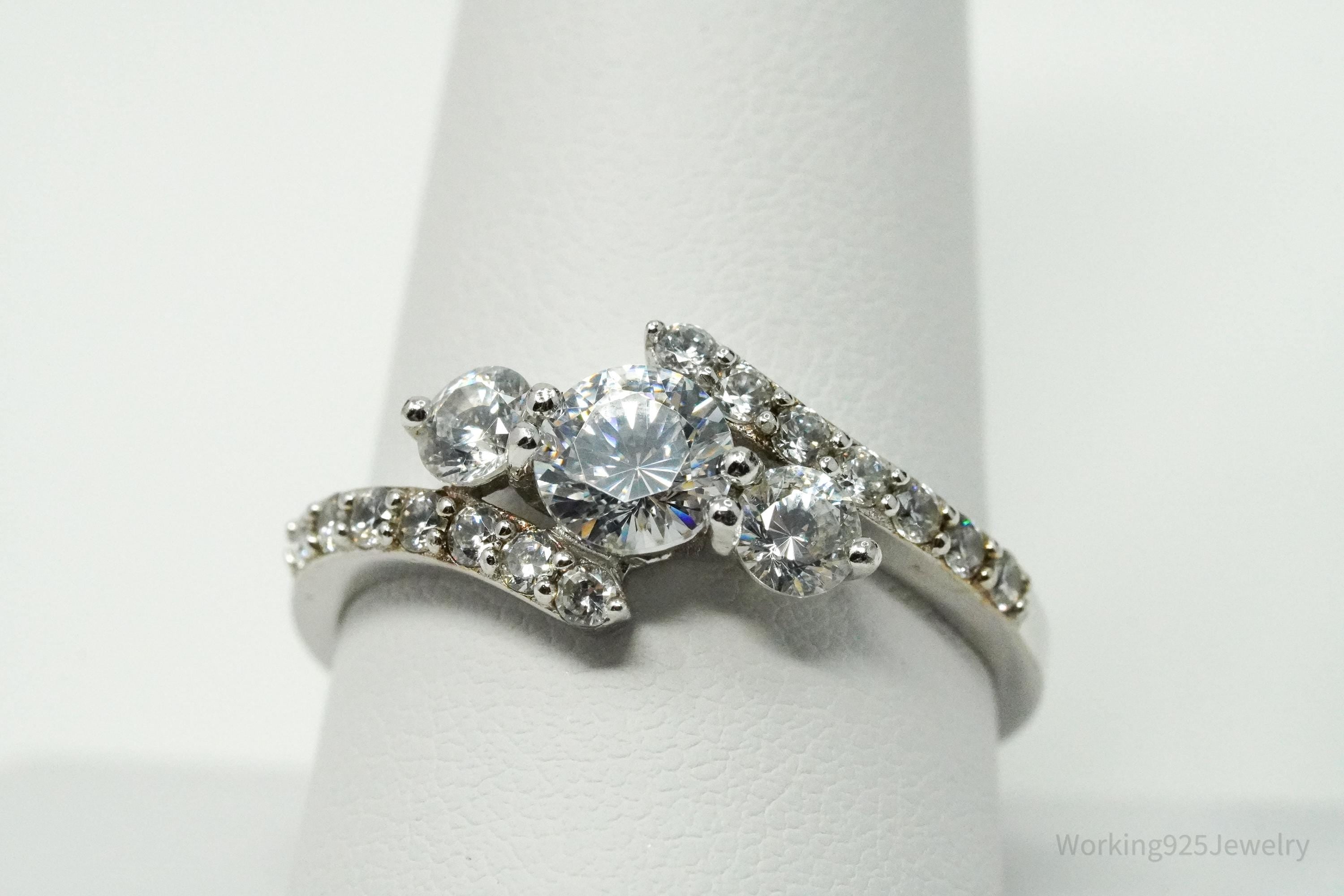 Vintage Cubic Zirconia Sterling Silver Statement Ring - Size 10