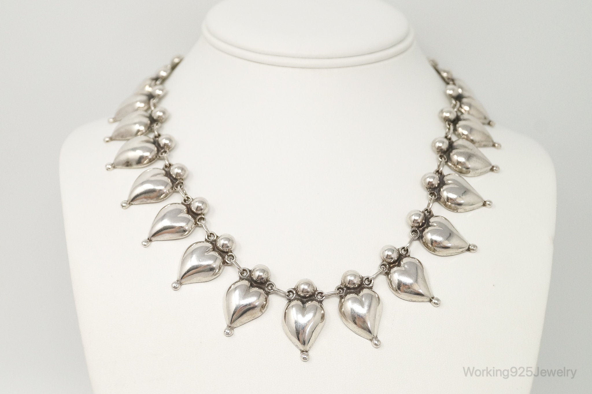 Vintage Mexico Modernist Puffy Heart Silver Necklace