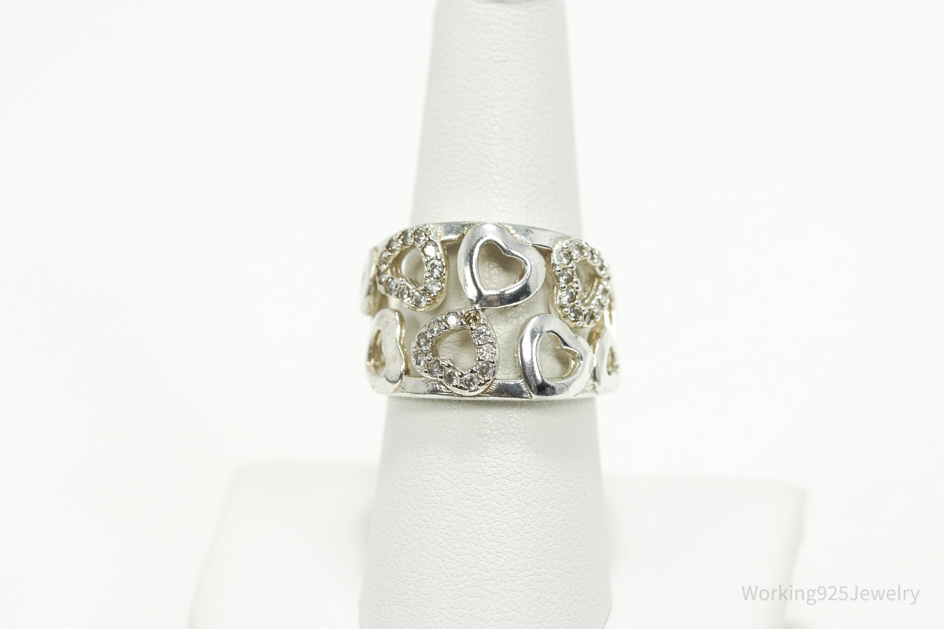 Vintage Cubic Zirconia Hearts Sterling Silver Ring - Size 8.5